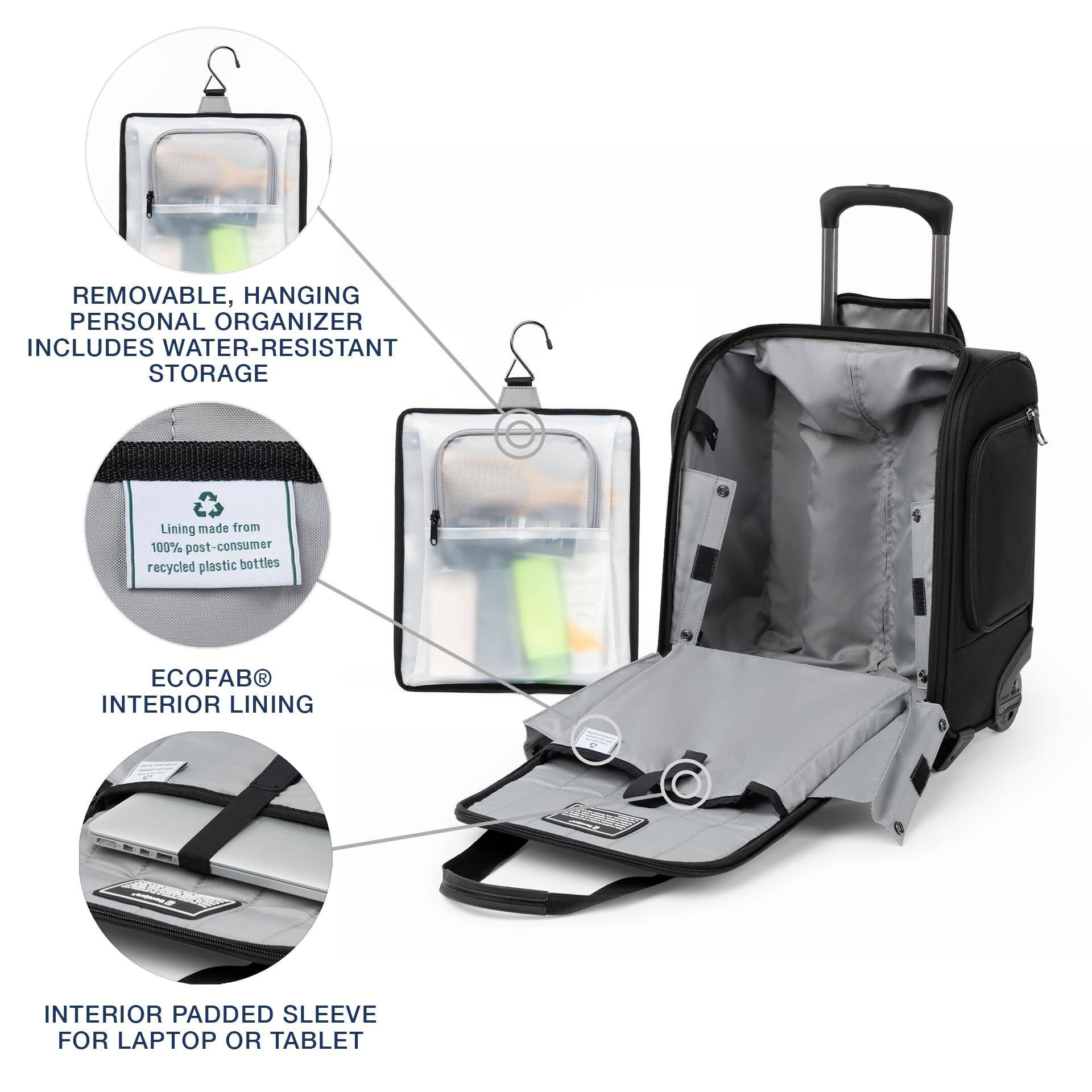 REMOVABLE, HANGING PERSONAL ORGANIZER INCLUDES WATER-RESISTANT STORAGE

ECOFAB® INTERIOR LINING

INTERIOR PADDED SLEEVE FOR LAPTOP OR TABLET