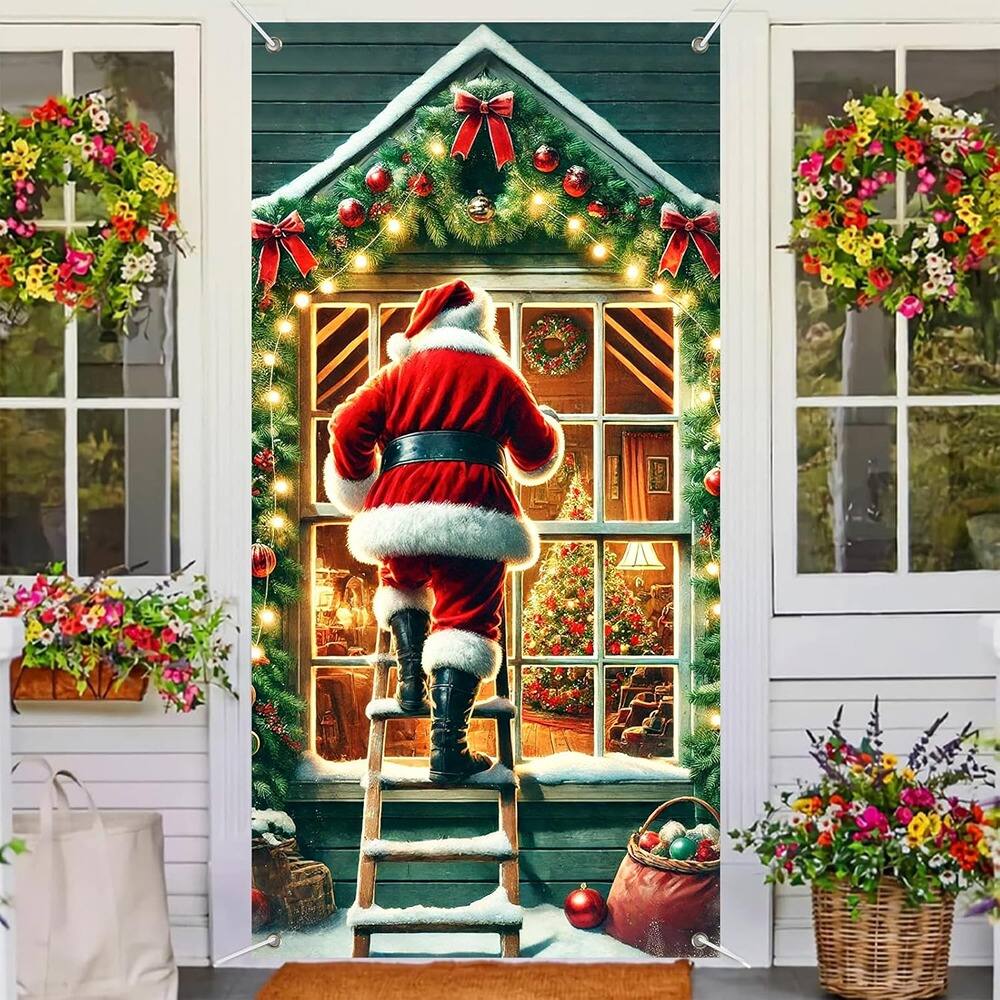 Alt View 2. MOSZAR LLC - Santa Climbing Ladder Door Banner, 35x71" Polyester Holiday Door Decor - red.