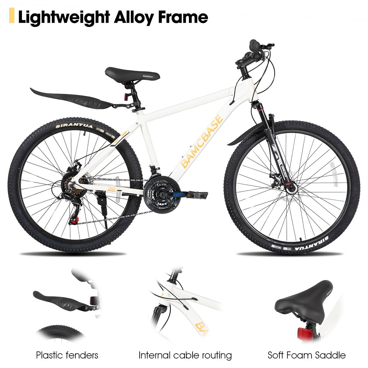 Lightweight Alloy Frame

- Plastic fenders
- Internal cable routing
- Soft Foam Saddle