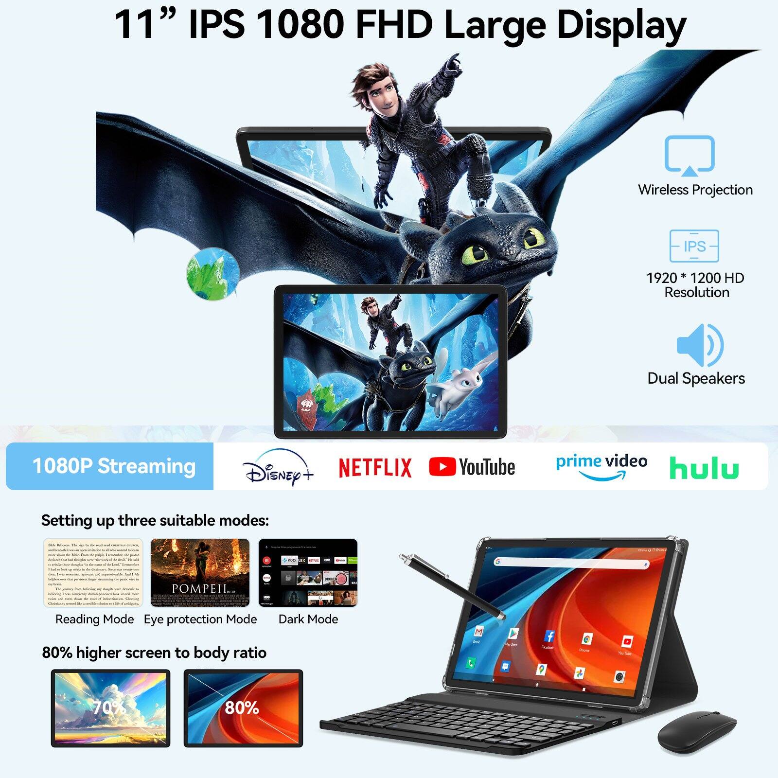 11" IPS 1080 FHD Large Display

Wireless Projection

IPS

1920*1200 HD Resolution

Dual Speakers

1080P Streaming

NETFLIX Disney YouTube prime video hulu

Setting up three suitable modes:

Reading Mode Eye protection Mode Dark Mode

80% higher screen to body ratio