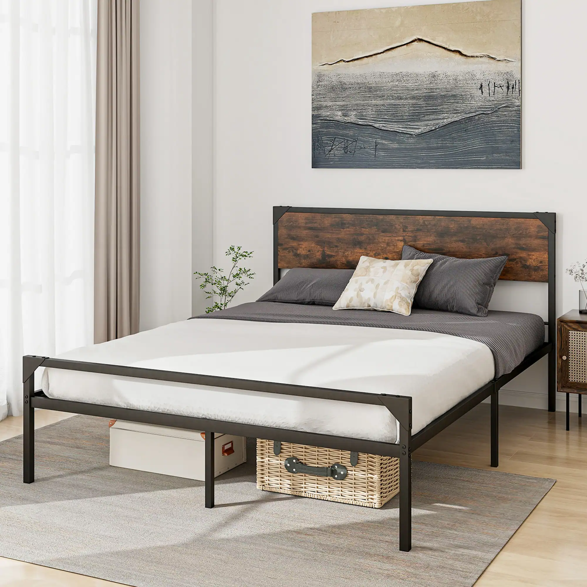 Alt View 5. Costway - Costway Platform Queen Bed with Rustic Headboard & Footboard Strong Metal Slat Support - Rustic Brown,Black.