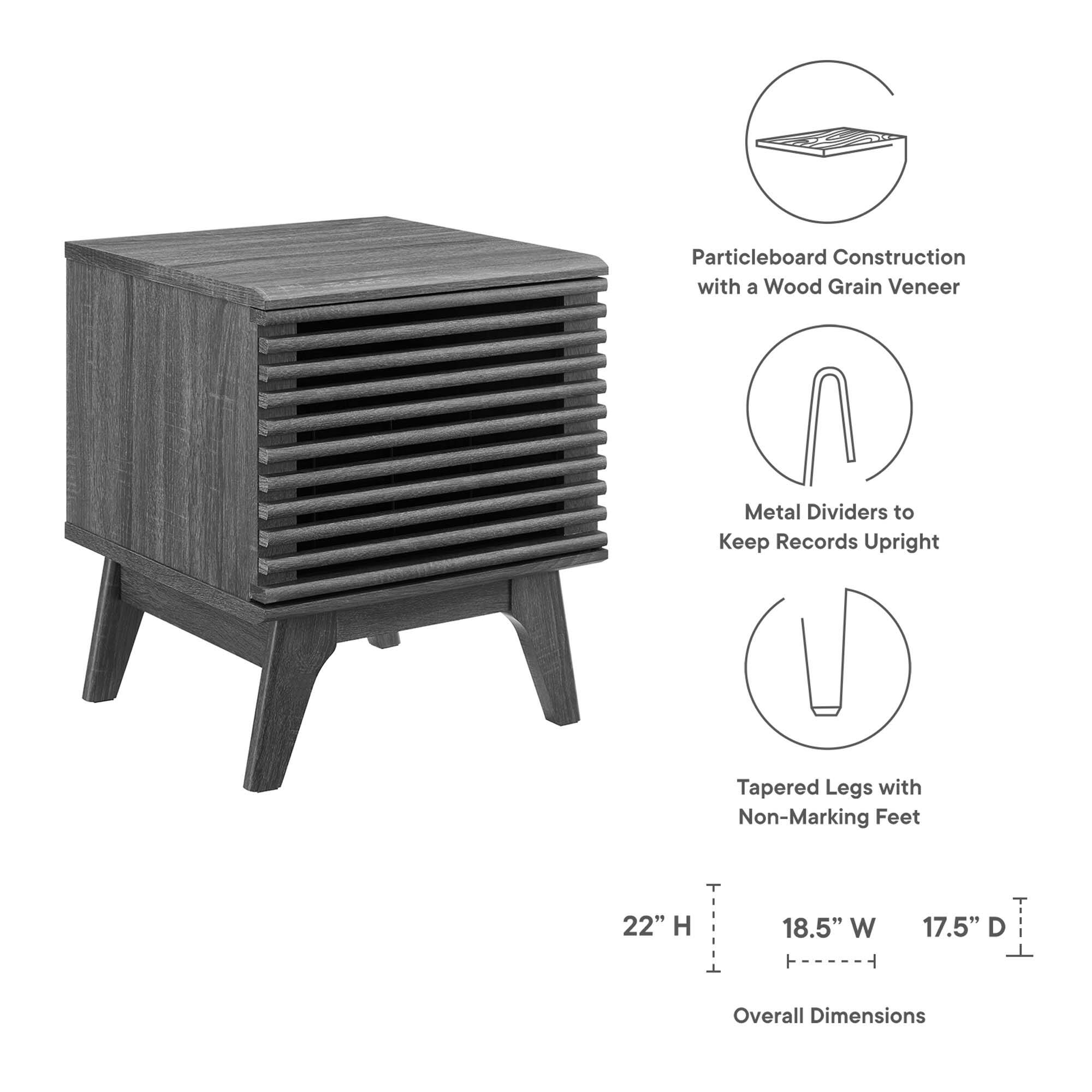 - Particleboard Construction with a Wood Grain Veneer
- Metal Dividers to Keep Records Upright
- Tapered Legs with Non-Marking Feet
- Overall Dimensions: 22" H x 18.5" W x 17.5" D
