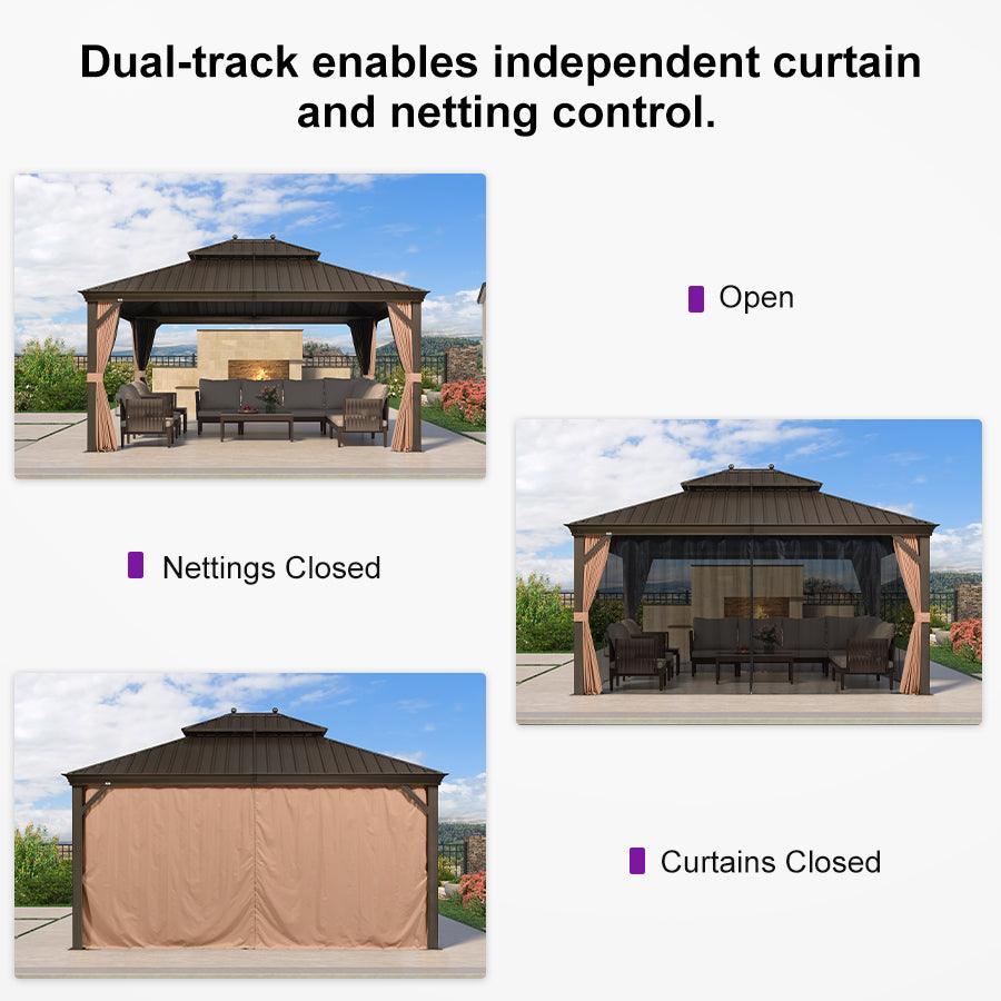 Dual-track enables independent curtain and netting control.

- Open
- Nettings Closed
- Curtains Closed