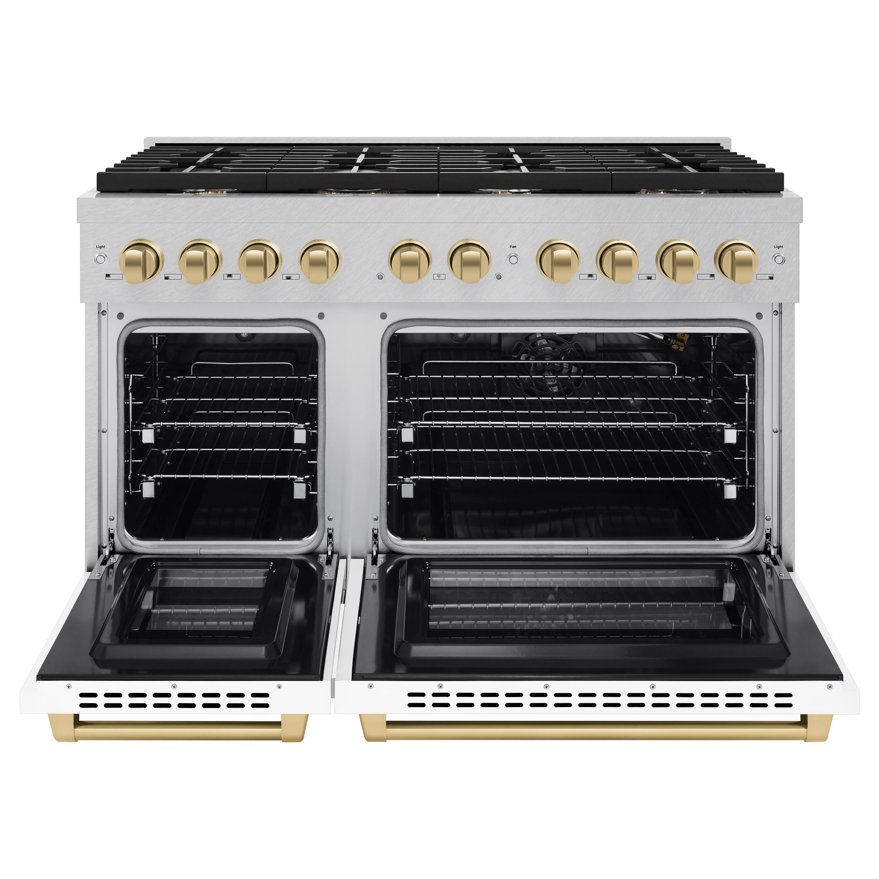 Angle. ZLINE - ZLINE Autograph 48 in. Paramount Satin Steel Gas Range w/ White Doors & Bronze Accents (SGRSZ-WM-48-CB) - White.