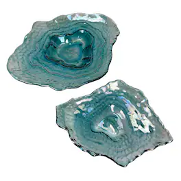Things2Die4 - Set of 2 Oyster Shaped Decorative Plates Iridescent Glass 13 In - Blue