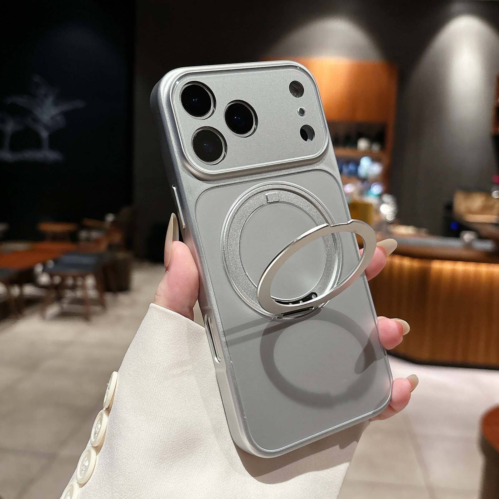 Angle. Dteck - for Apple iPhone 17 Pro Magnetic Kickstand Case,Shockproof PC TPU Wireless Charging Cover with Metal Ring Holder - Orange.