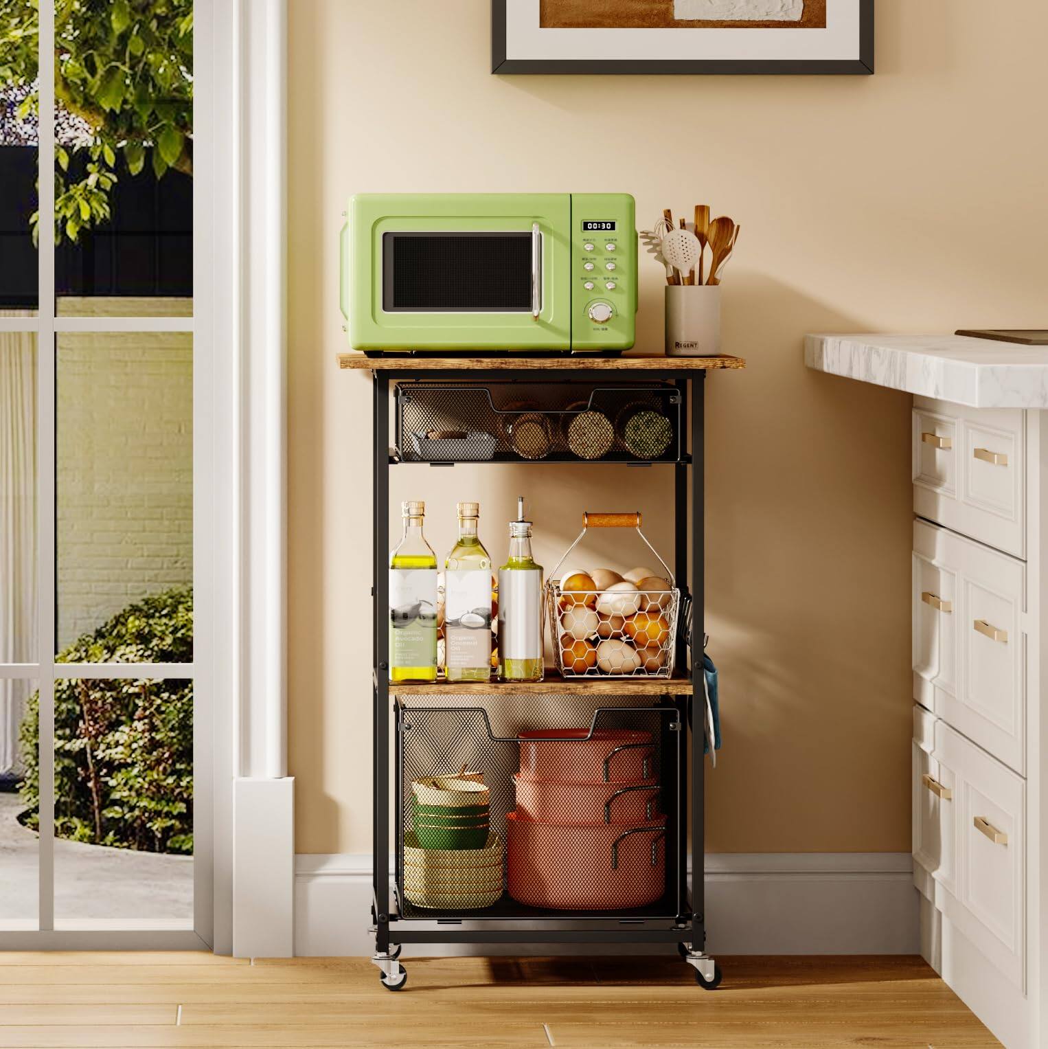 Left. JETRANSPORT - Microwave Stand With Drawers & Hooks 3-tier Rolling Kitchen Cart For Small Spaces Multifunctional - Default.