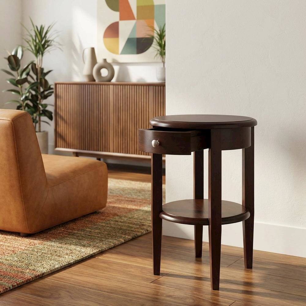 Alt View 4. FurniFact - Farmhouse Solid Wood End Table With Drawer For Living Room - Walnut.