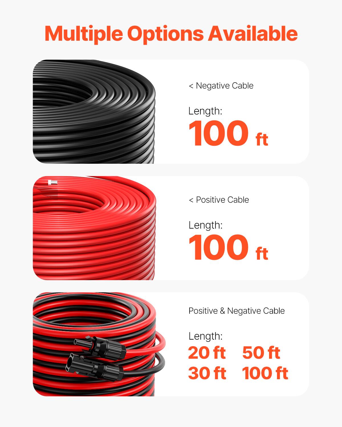 Multiple Options Available

- Negative Cable
  - Length: 100 ft

- Positive Cable
  - Length: 100 ft

- Positive & Negative Cable
  - Length: 20 ft, 50 ft, 30 ft, 100 ft