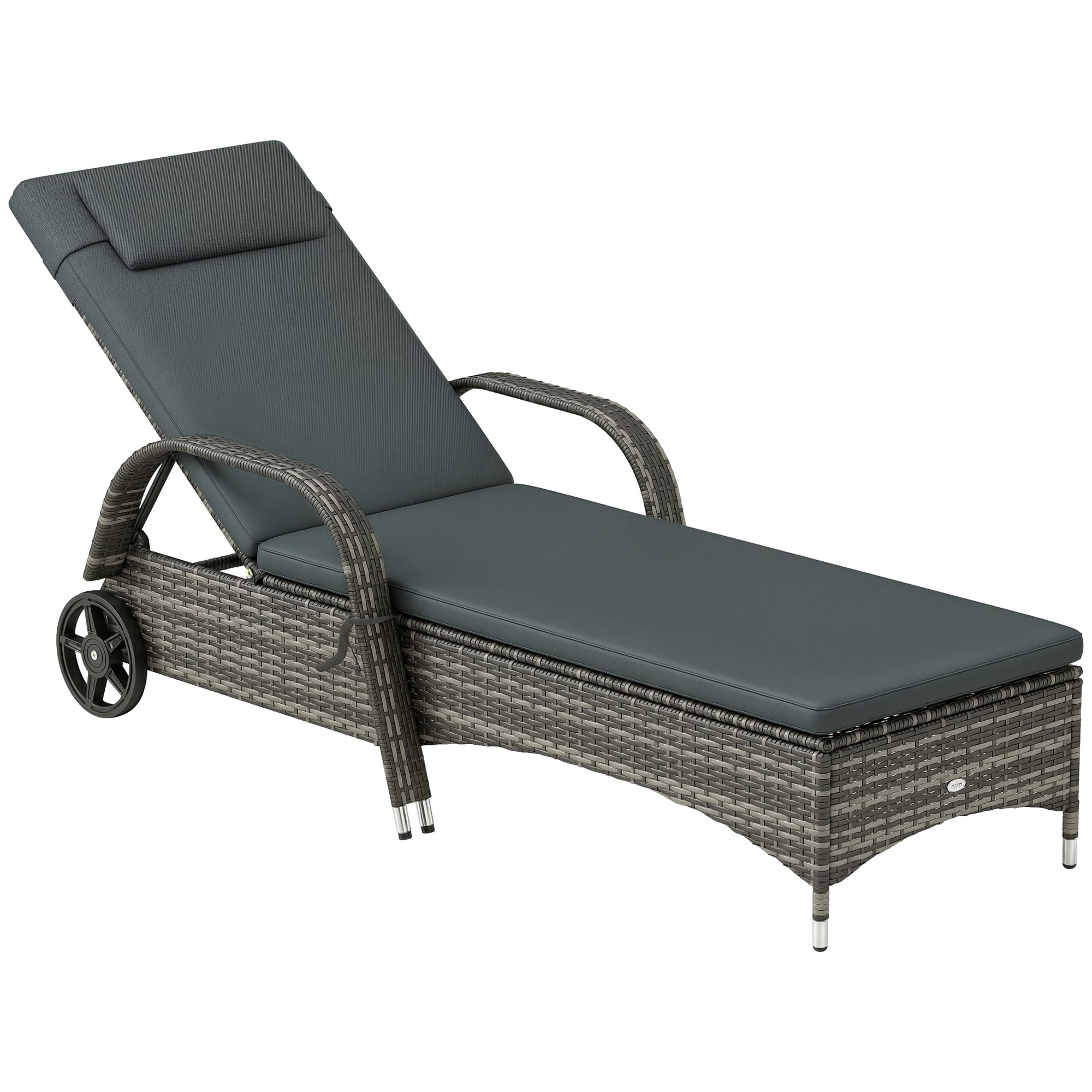 Outsunny - Chaise Lounge, 5-Level Adjustable Backrest Rattan Pool Lounge Chair with Wheels - Mixed Gray and Charcoal Black