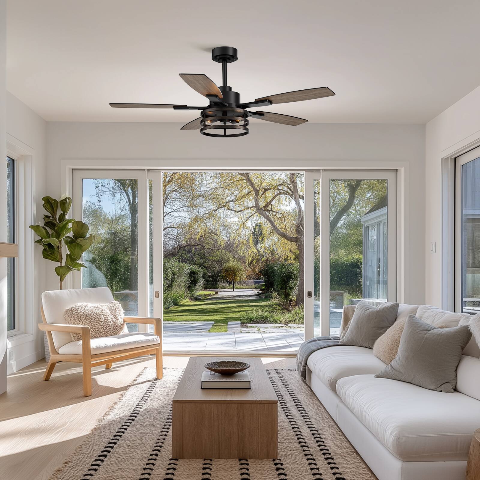 Alt View 2. Siljoy - 52 Inch Farmhouse Cage Ceiling Fan with Light 5 Walnut or Black Blades Remote for Bedroom Living Room Patio - Brown.