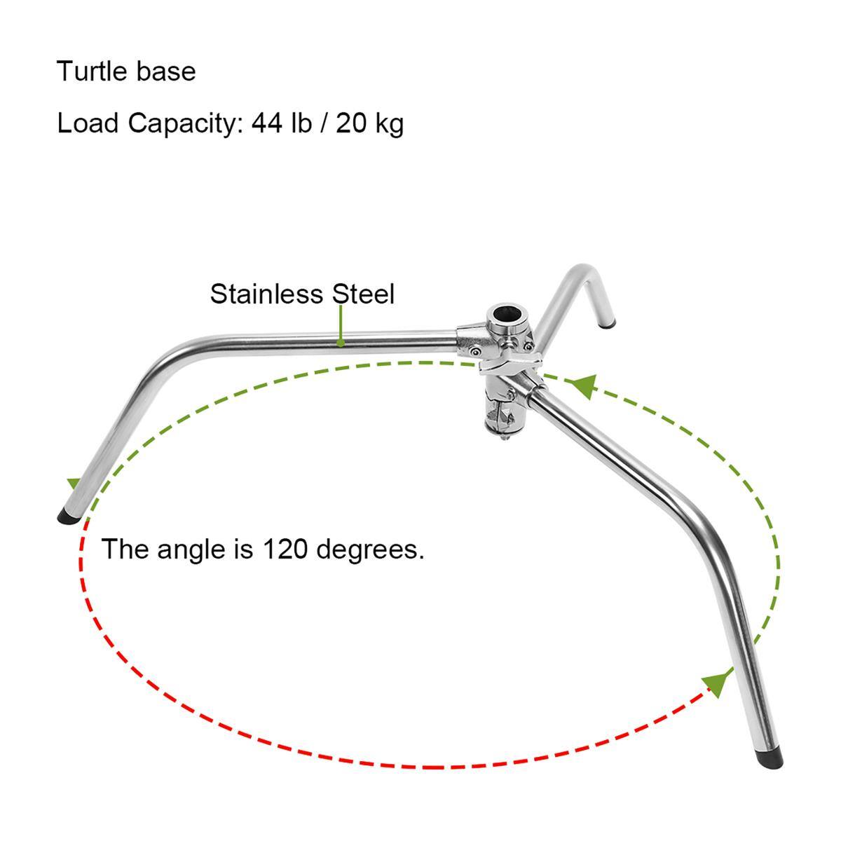Turtle base  
Load Capacity: 44 lb / 20 kg  
Stainless Steel  
The angle is 120 degrees.