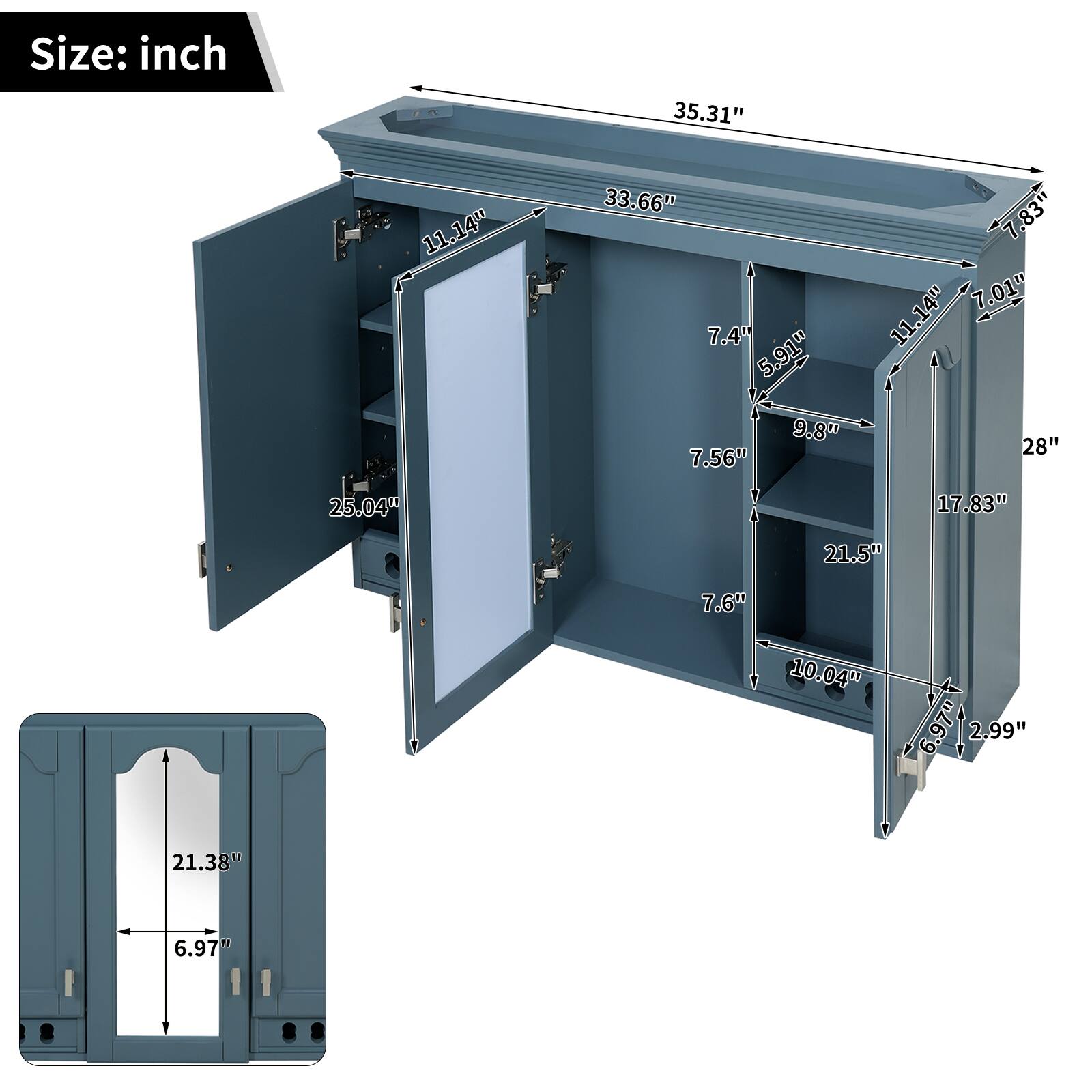 Size: inch  
35.31"  
11.14"  
33.66"  
7.4"  
5.91"  
9.8"  
7.56"  
7.83"  
7.01"  
11.14"  
28"  
25.04"  
17.83"  
21.5"  
7.6"  
10.04"  
6.97"  
2.99"  
21.38"  
6.97"