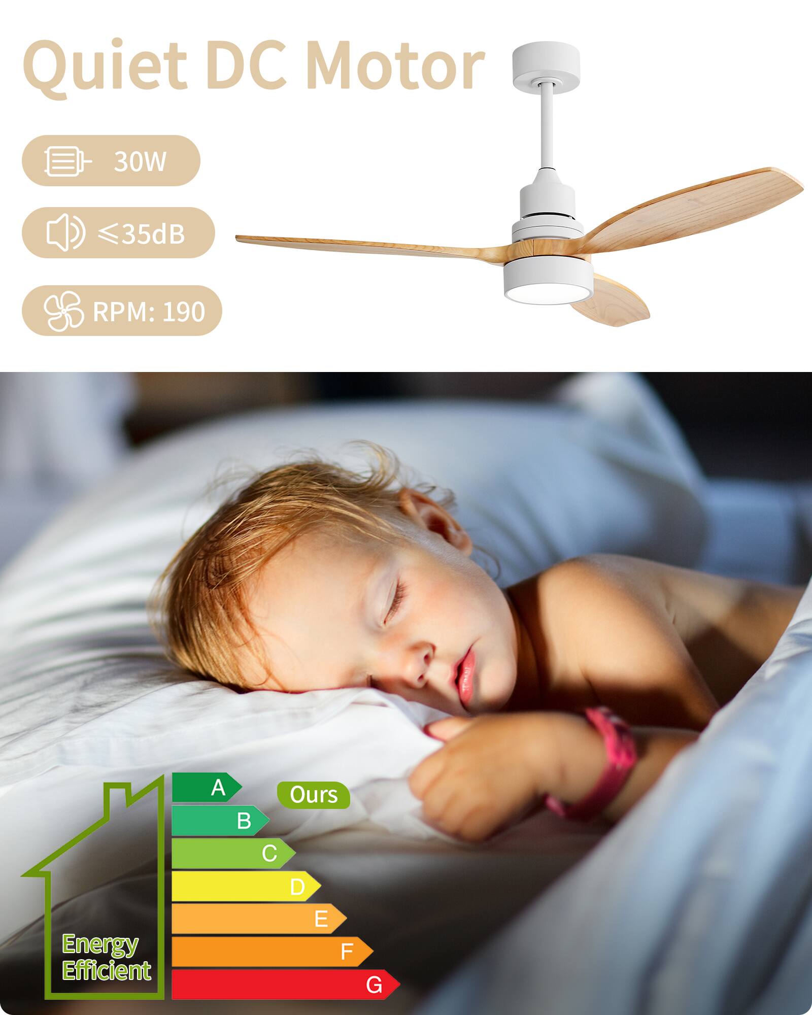 Quiet DC Motor  
30W  
≤35dB  
RPM: 190  

Energy Efficient  
A B C D E F G  
Ours