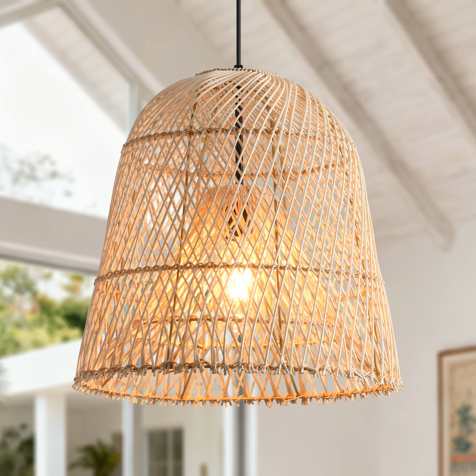 Alt View 1. Parrot Uncle - 1-Light Coastal Retro Brown Rattan Hand-Woven Cloche Hanging Basket Pendant Light - Brown.