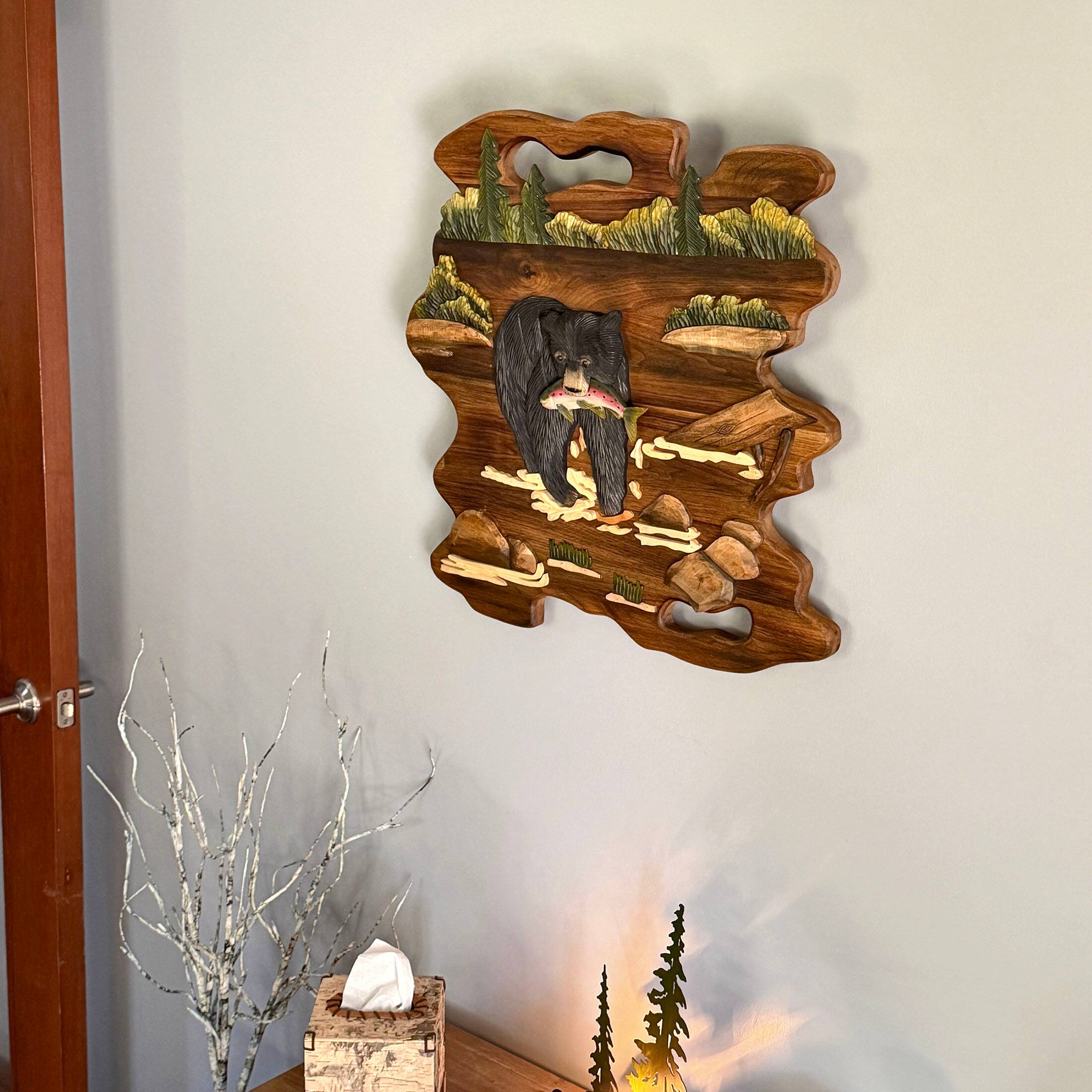 Alt View 4. Zeckos - Bear Fishing Wood Wall Sculpture 23.5in Rustic Intarsia Cabin Lodge Decor - Brown.