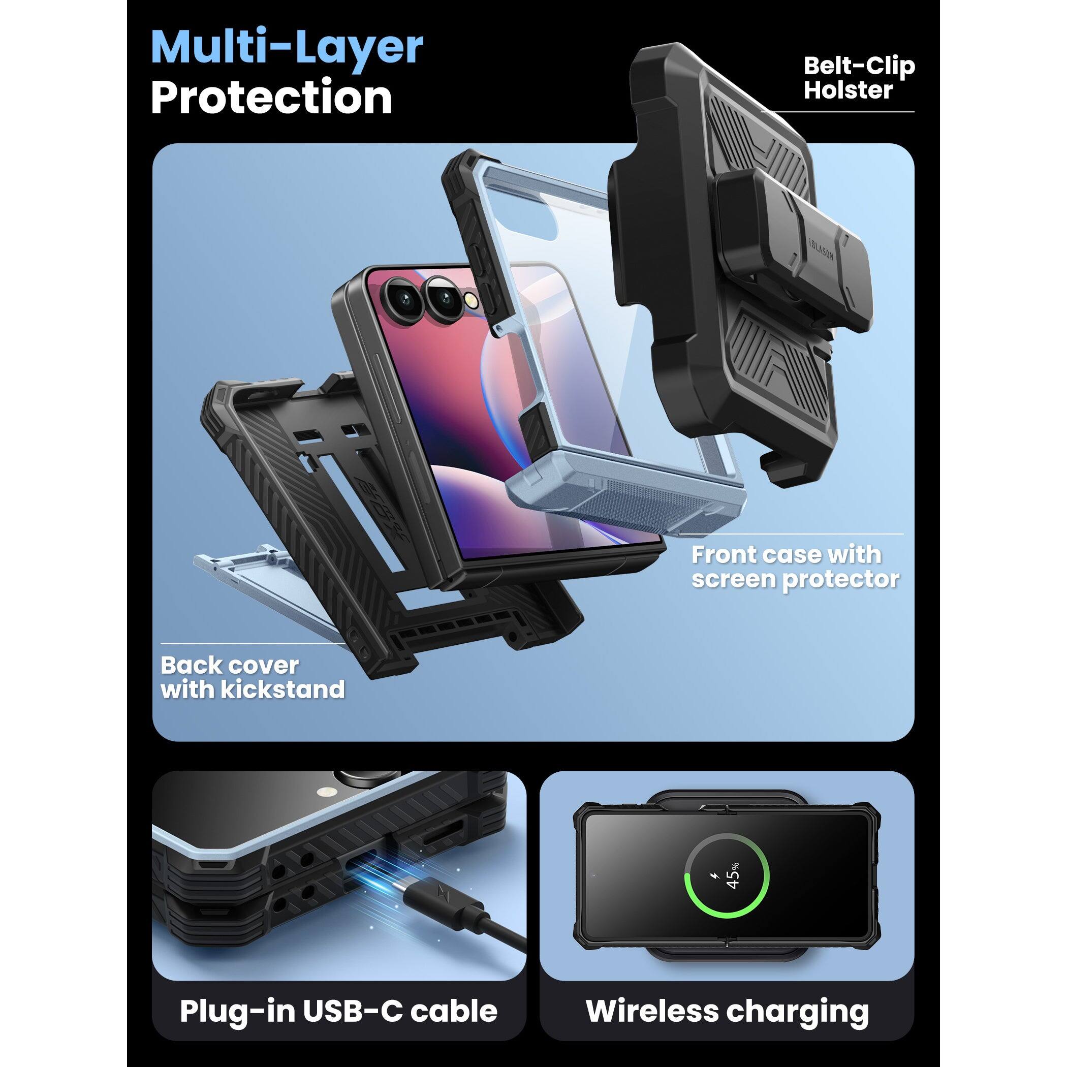 Multi-Layer Protection

- Belt-Clip Holster
- Front case with screen protector
- Back cover with kickstand
- Plug-in USB-C cable
- Wireless charging