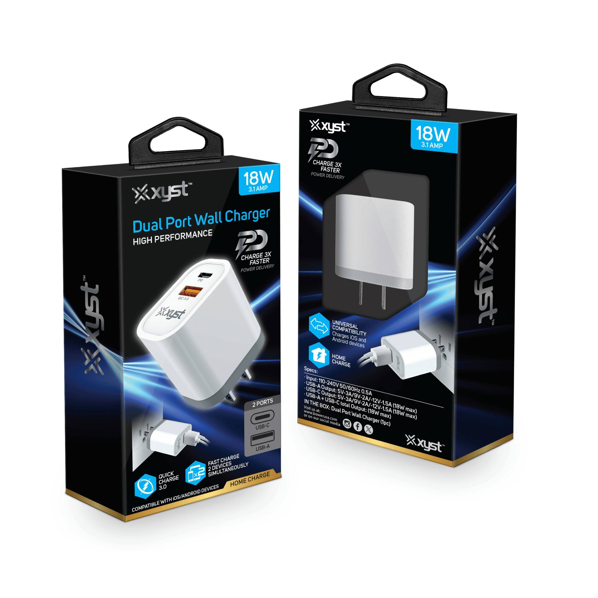 **Xyst™ Dual Port Wall Charger**

- **18W 3.1 AMP**
- **HIGH PERFORMANCE**
- **CHARGE 3X FASTER POWER DELIVERY**
- **2 PORTS**
  - USB-C
  - USB-A
- **FAST CHARGE SIMULTANEOUSLY**
- **QUICK CHARGE 3.0**
- **COMPATIBLE WITH IOS ANDROID DEVICES**
- **UNIVERSAL COMPATIBILITY**
  - Android devices and iOS devices
- **HOME CHARGE**
- **SPECIFICATIONS:**
  - Input: 100-240V~50/60Hz 0.5A
  - Output: USB-A 5V/3A, USB-C 5V/3A, 9V/2A, 12V/1.5A (max 18W)
  - WITH BOX: Dual Port Wall Charger (1pc)
- **WARRANTY:**
  - 1 Year Warranty
- **MADE IN CHINA**

**Xyst™**