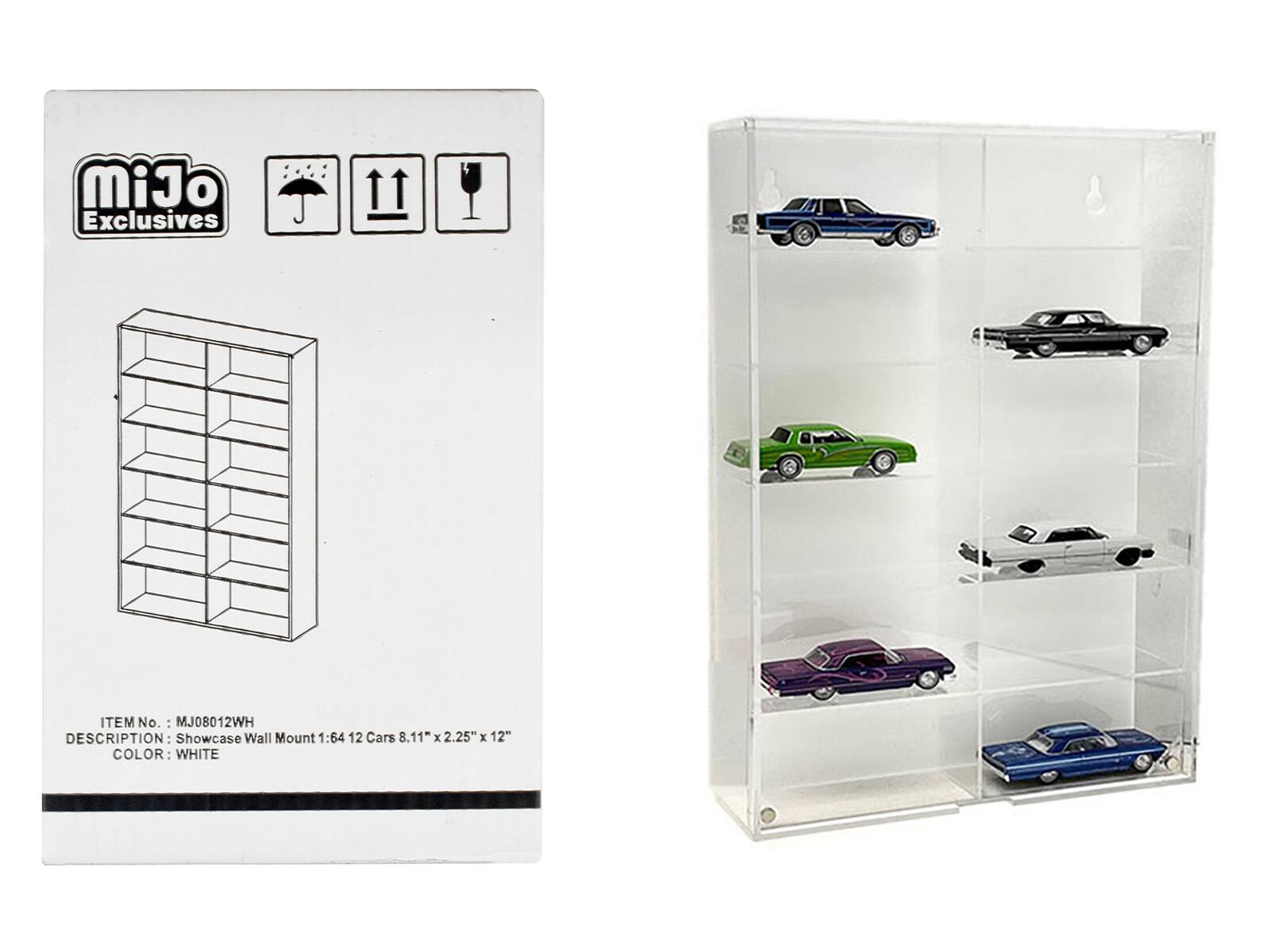 MiJo Exclusives  
ITEM No.: MJ08012WH  
DESCRIPTION: Showcase Wall Mount 1:64 12 Cars 8.11" x 2.25" x 12"  
COLOR: WHITE
