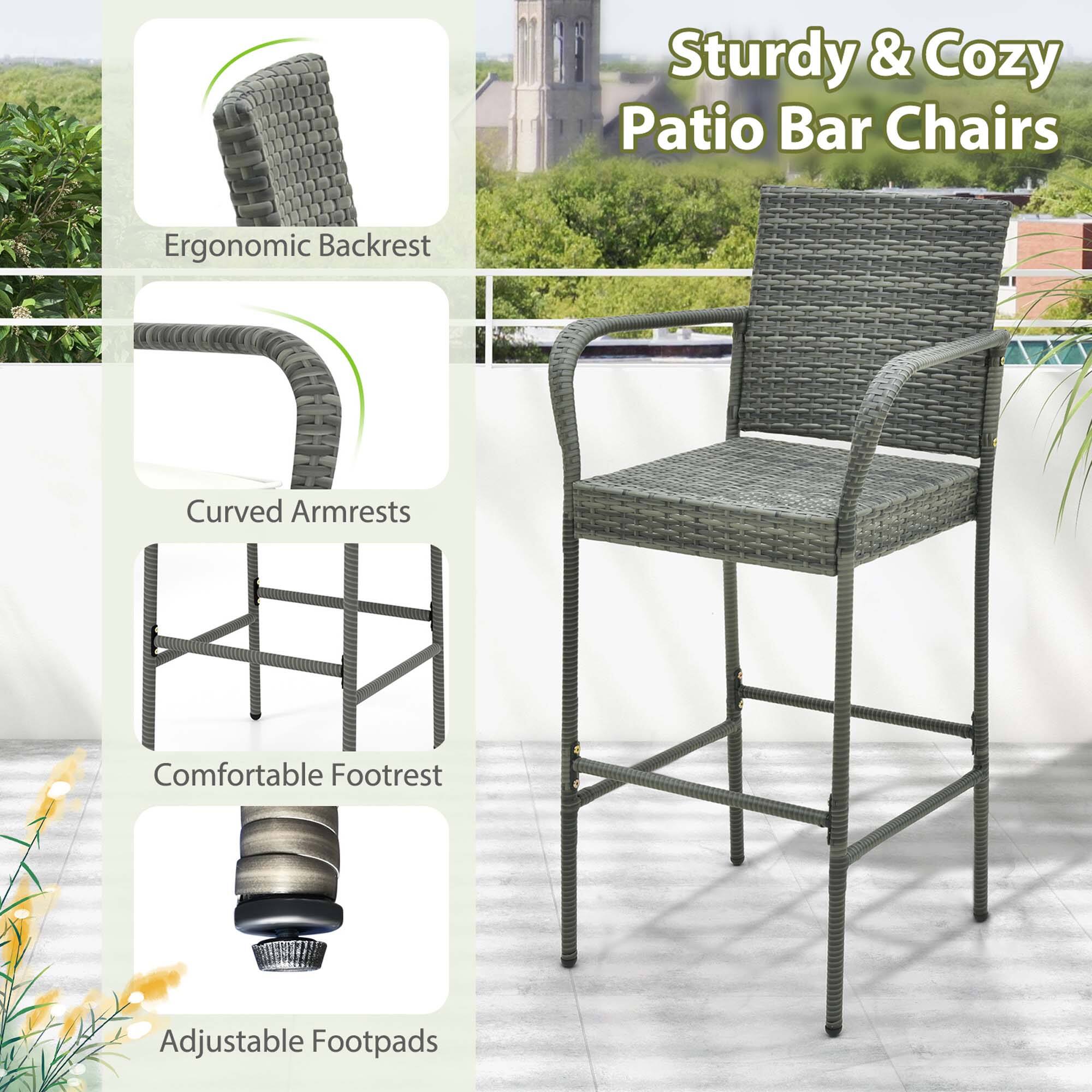 Sturdy & Cozy Patio Bar Chairs
Ergonomic Backrest
Curved Armrests
Comfortable Footrest
Adjustable Footpads