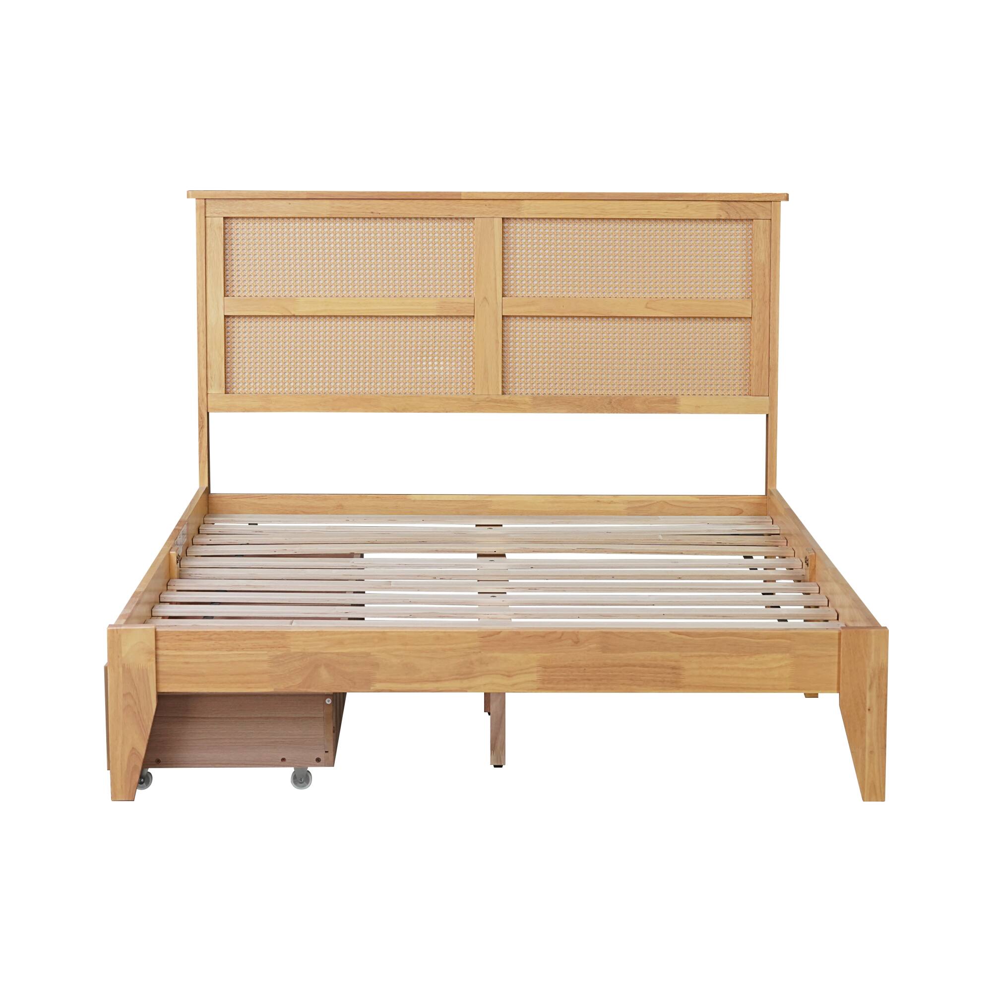 Left. GOODSILO - Full Size Bed with Rattan Headboard and Two Storage Drawers, Solid Wood Frame with Enhanced Support Slats - White Oak.