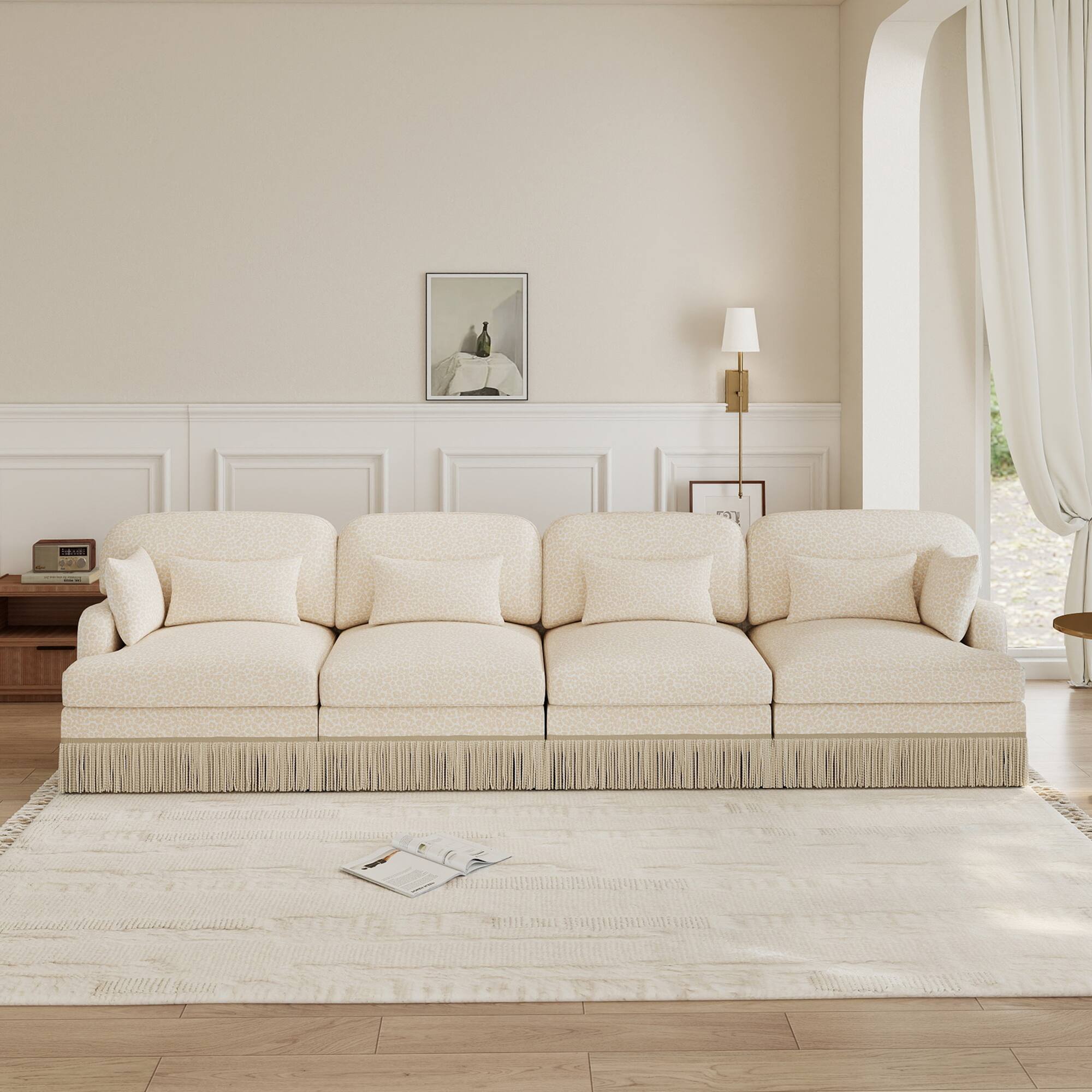 Angle. Anysun - 131" Leopard Print Chenille 4-Seater Modular Sofa, Tassel Edge, Ergonomic Deep Seat, Easy Assembly Couch for Living Room - Beige.