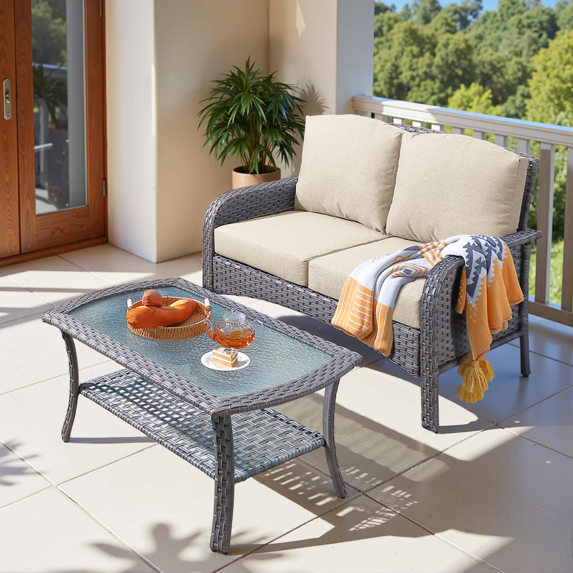 Ovios - 2 PCS Outdoor Patio Furniture High Back Sofa Wicker Loveseat with Table for Backyard Balcony - Beige