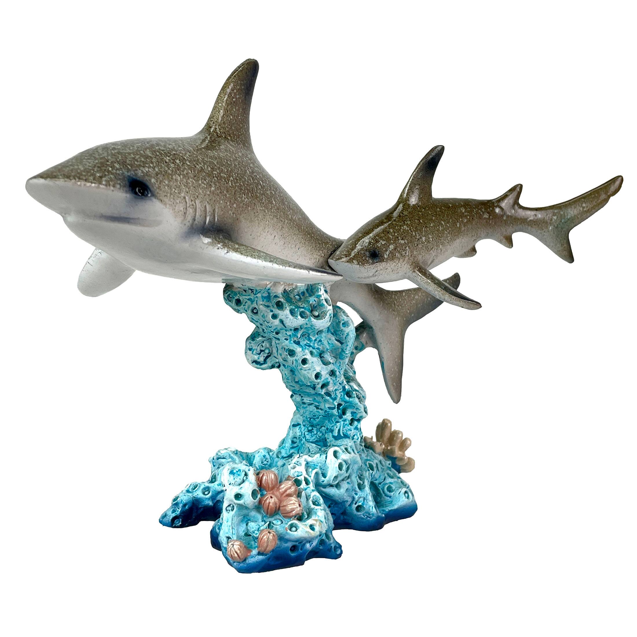 Alt View 1. Things2Die4 - Double Sharks on Coral Statue 10" Hand-Painted Ocean Marine Decor - Multicolored.
