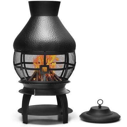 Front. SKONYON - Outdoor Steel Chimenea Fireplace with Mesh Cover Charcoal Grates and High Heat Output.