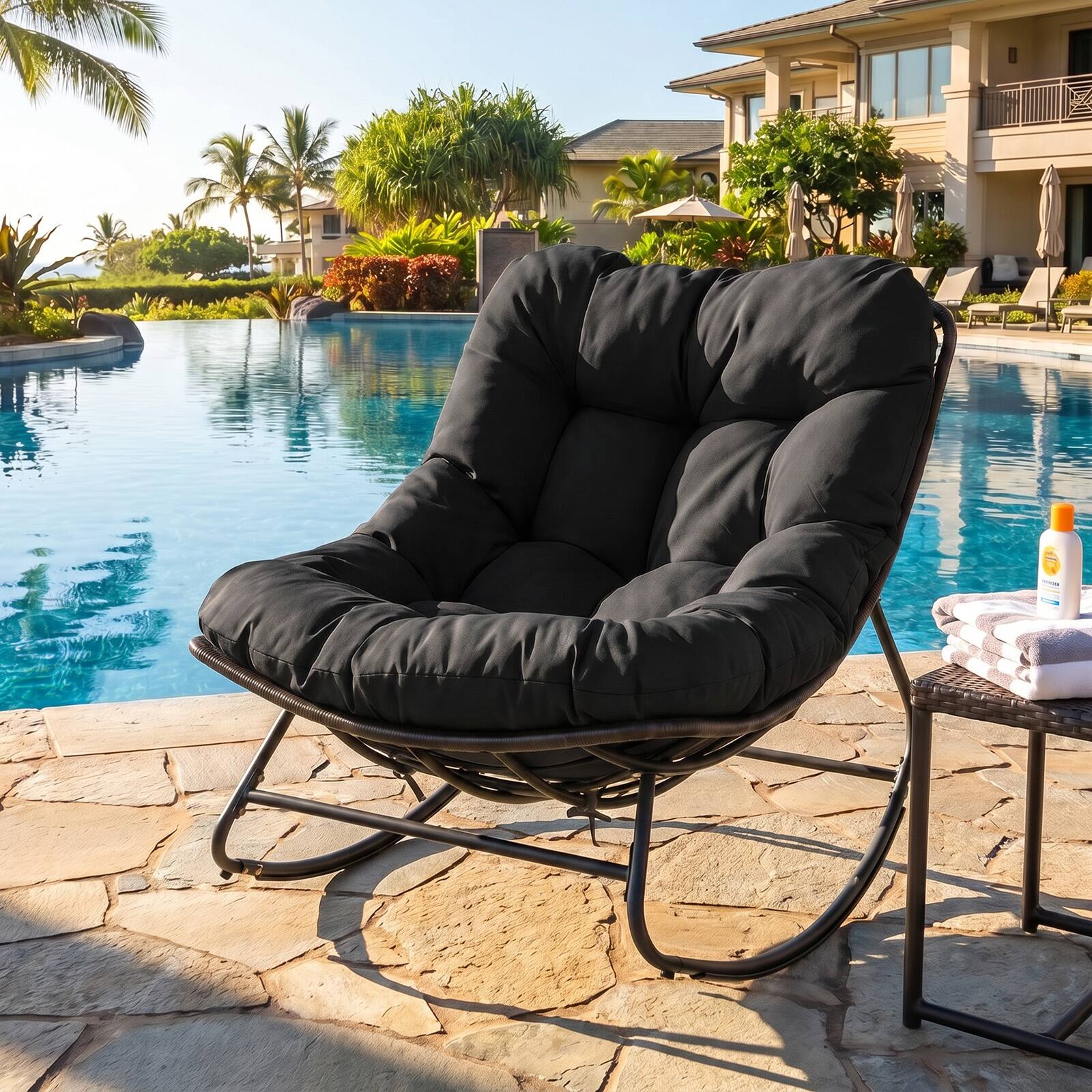 Alt View 1. Costway - Costway Patio Papasan Rocking Chair,Oversized Egg-shaped Rocker with Thick Cushioned Seat - Black.