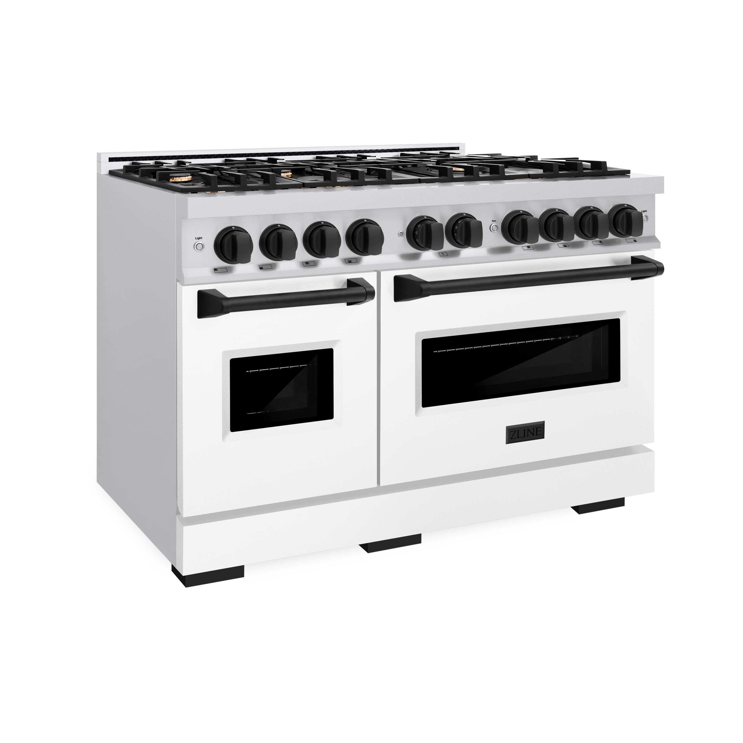 Left. ZLINE - ZLINE Autograph 48" Classic Gas Range with 8 Burners and Black Accents (CGRZ-WM-48-MB) - Satin Steel/White.