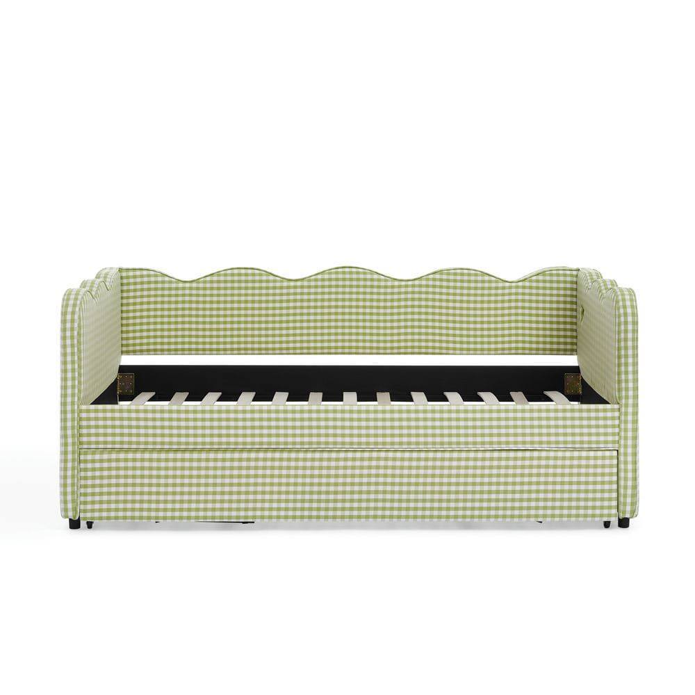 Alt View 8. Kadyn - Cozy Gingham Daybed with Trundle, Twin Size Sofa Bed with USB Port & Wave Design, Linen Fabric - Green.