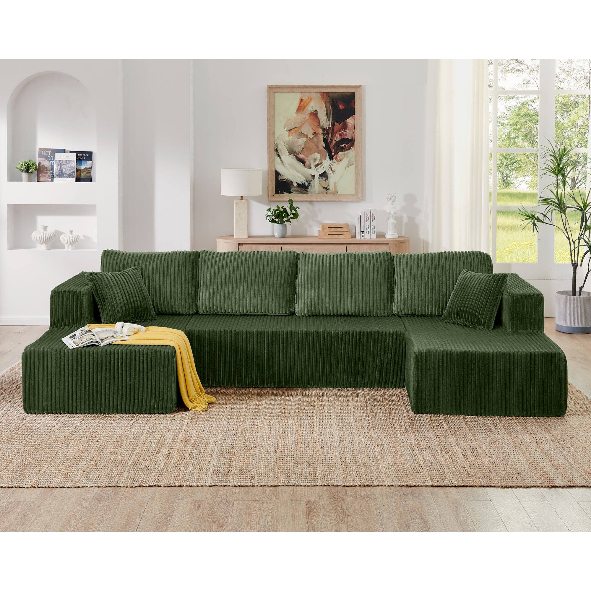 Alt View 4. Boyel Living - U Shape Modular Sectional Sofa Compressed Corduroy Couch Minimalist Sleeper Sofa for Living Room and Bedroom Green - Green.