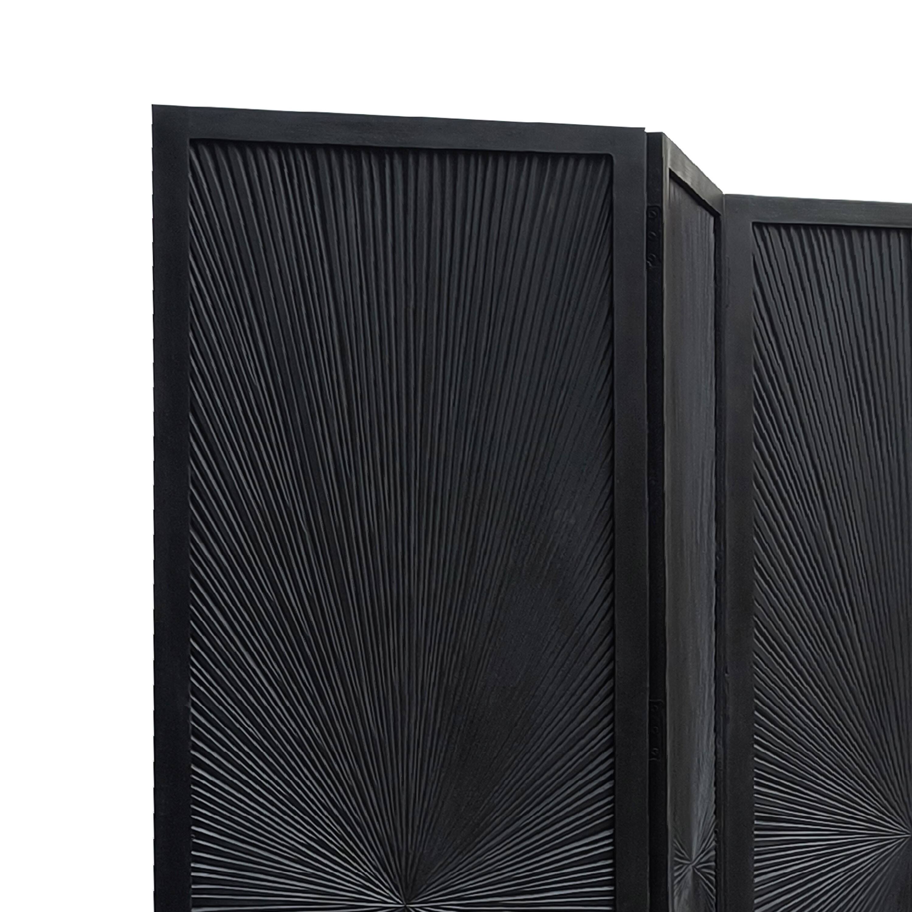 Left. Manhattan Lane - Cava 3 Panel Folding Room Divider Screen, Sunburst Design, Black Mango Wood, 60x72 Inch - Black.