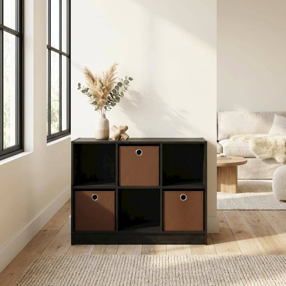 Left. FurniFact - 3x2 Wooden Bookcase with Bins in Medium Brown for Organized Storage - Americano/Medium Brown.