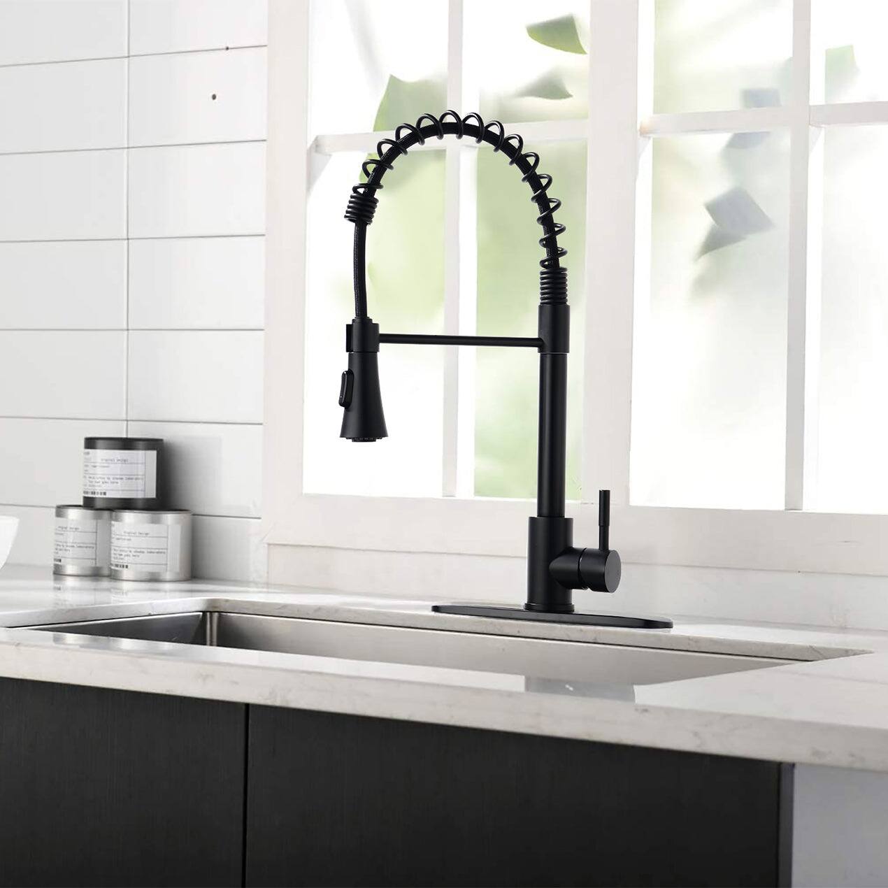 Alt View 2. Boyel Living - Black Single Handle Pull Down Sprayer Kitchen Faucet with Spring Design - Matte Black.