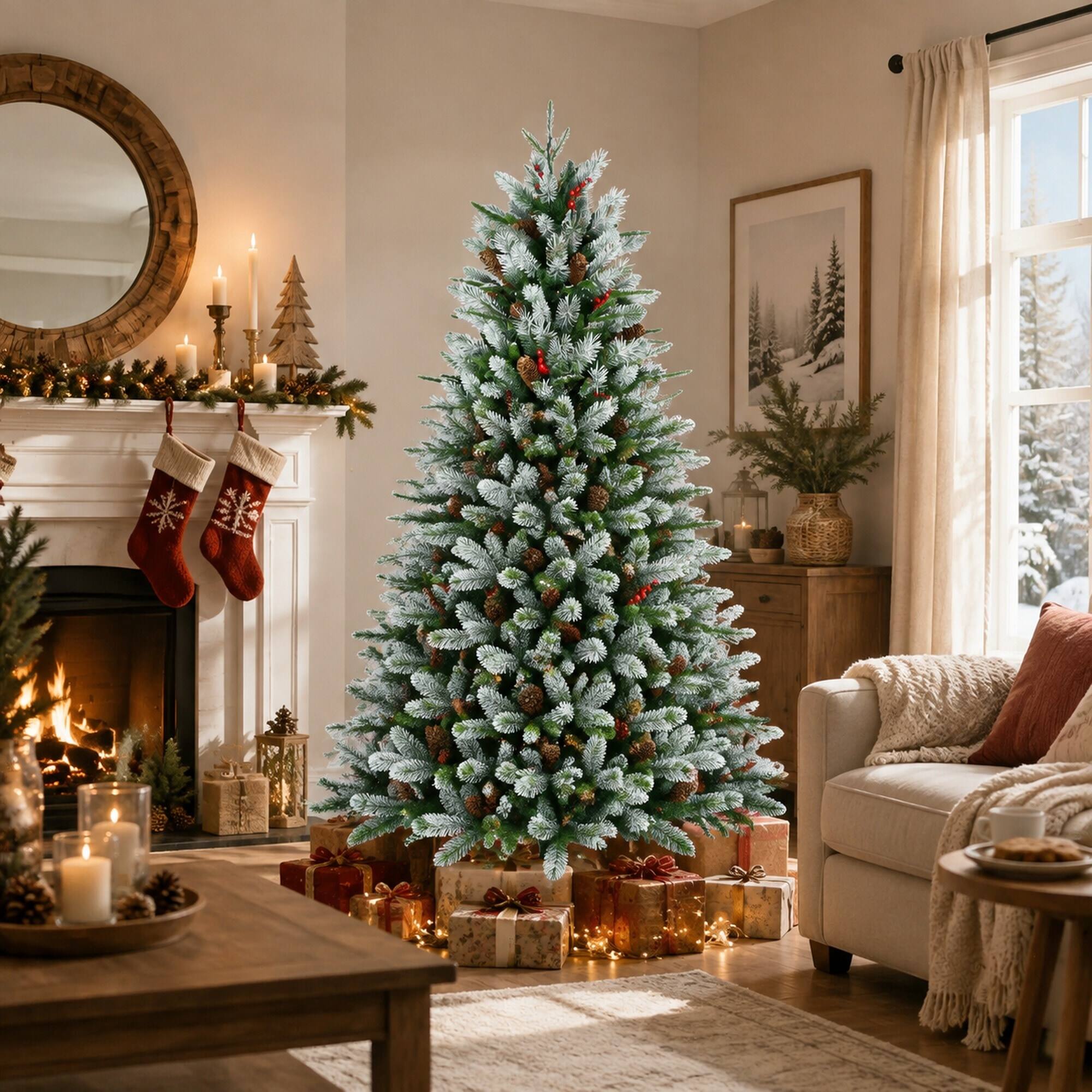 Angle. RYHNUYNE - 6FT Christmas Tree With Red Berries Pine Cones, 1593 Snow-Dusted PE+PVC Branches Hinged Design Sturdy Metal Stand - Green,White.