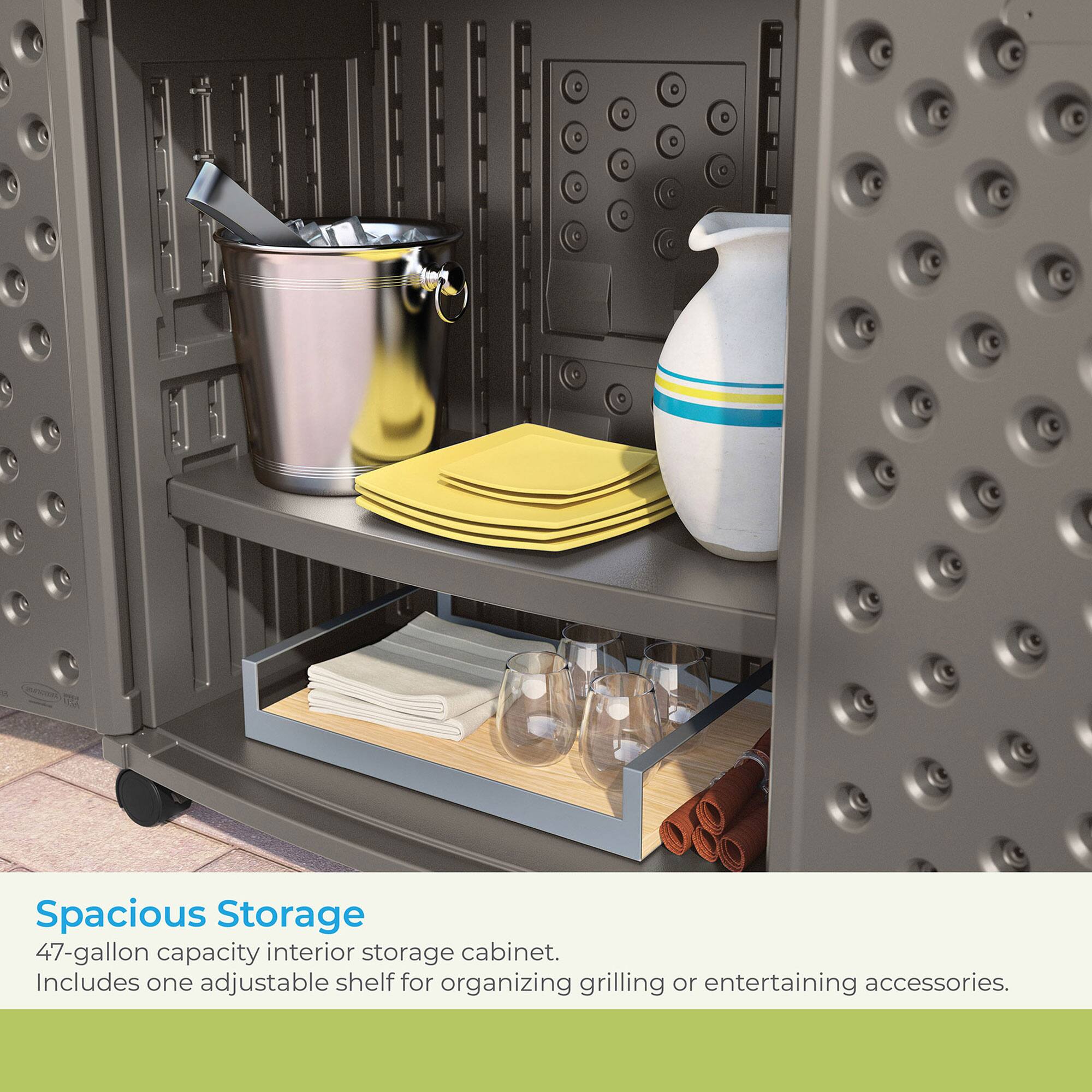 Spacious Storage  
47-gallon capacity interior storage cabinet.  
Includes one adjustable shelf for organizing grilling or entertaining accessories.