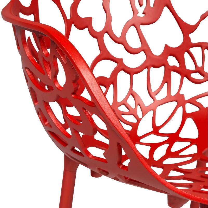 Alt View 3. LeisureMod - Devon Stackable Aluminum Dining Chair with Floral Cutout Design Side Chair for Indoor Outdoor - Red.