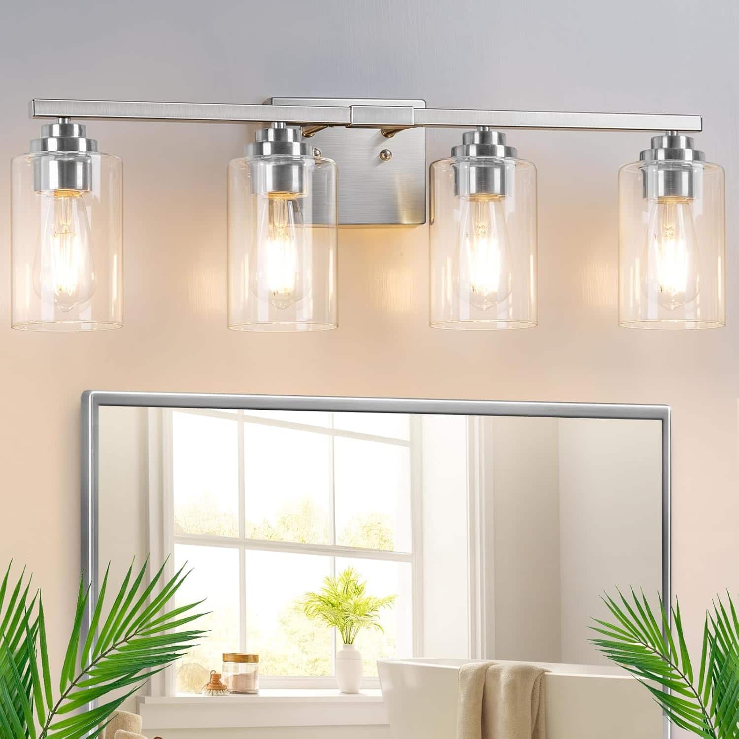 Front. Nordic Hygge - 4-Light Bathroom Light Fixtures, 27 inches Modern Vanity Lights Over Mirror with Clear Glass Shades - Brushed Nickle.