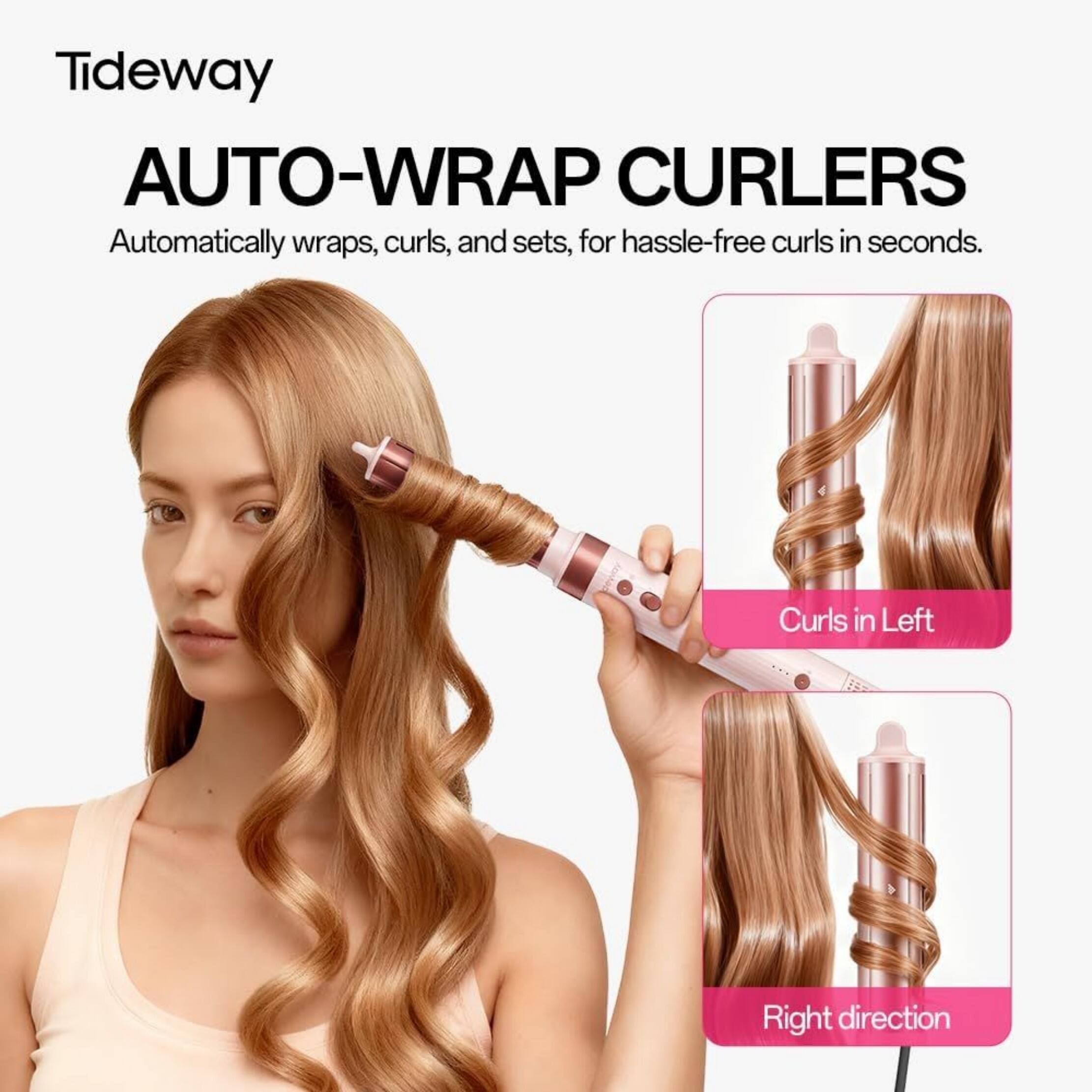 Tideway AUTO-WRAP CURLERS Automatically wraps, curls, and sets, for hassle-free curls in seconds.  
Curls in Left  
Right direction