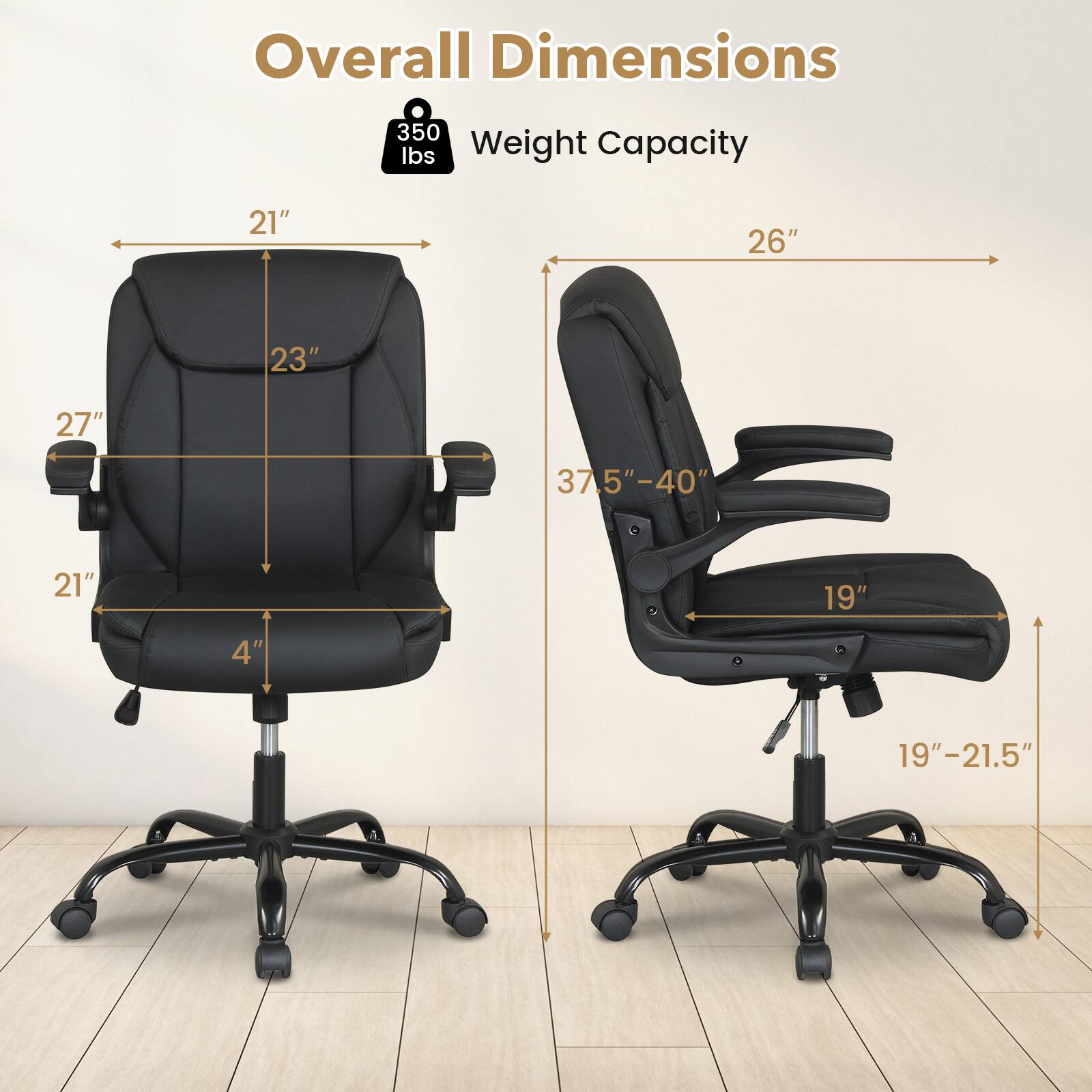 Overall Dimensions: 21" x 26" x 23" x 27" x 37.5"-40" x 21" x 19" x 4' x 19"-21.5"  
Weight Capacity: 350 lbs