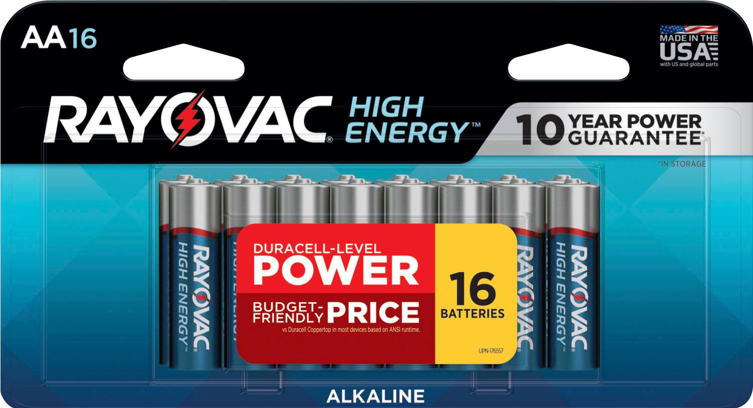 High Energy Rayovac Alkaline Batteries - AA 16 - Made in the USA - 10 Year Guarantee - Power "In Storage Duracell-Level High Power" - Budget-Friendly Price - Alkaline - Suracel Cap - Now and Always - Alkaline High Energy Rayovac.