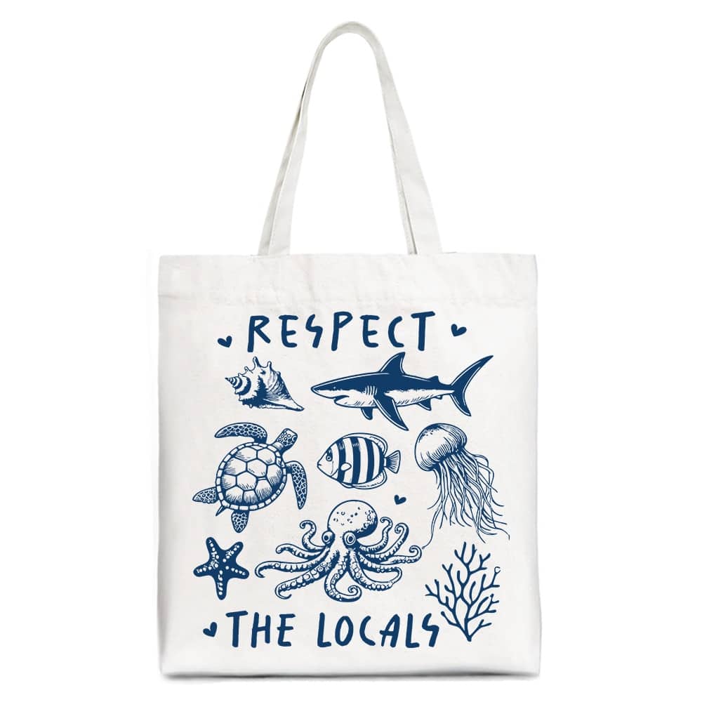 OrnamentallyYou - Respect the Locals Ocean Animals Canvas Tote Bag, Cute Vacation Gift Shopper - White