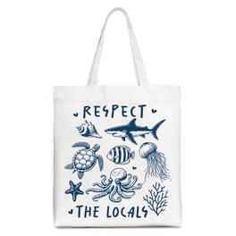 OrnamentallyYou - Respect the Locals Ocean Animals Canvas Tote Bag, Cute Vacation Gift Shopper - White