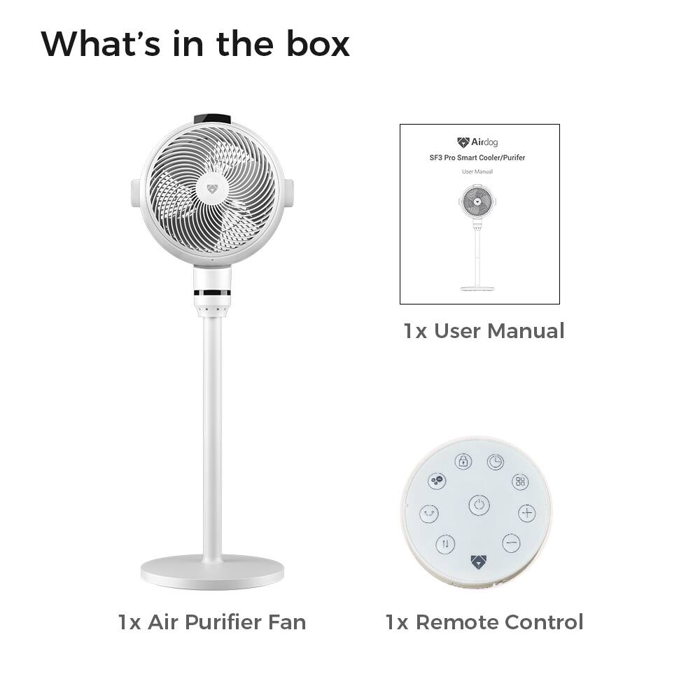 What's in the box

1x Air Purifier Fan

1x User Manual

1x Remote Control