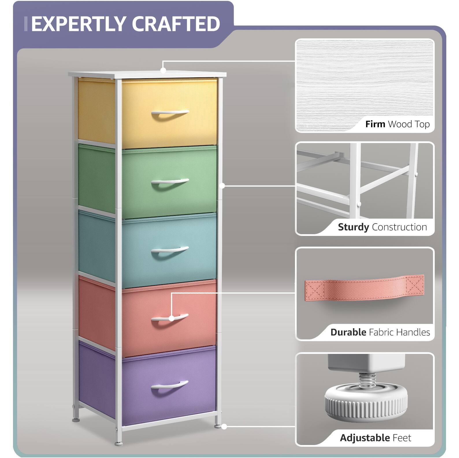 EXPERTLY CRAFTED

- Firm Wood Top
- Sturdy Construction
- Durable Fabric Handles
- Adjustable Feet