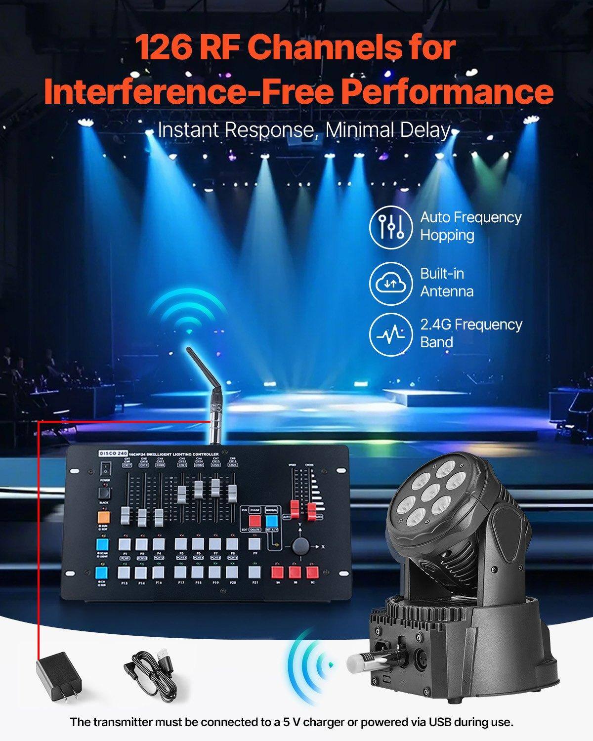 126 RF Channels for Interference-Free Performance  
Instant Response, Minimal Delay  
Auto Frequency Hopping  
Built-in Antenna  
2.4G Frequency Band  

DISCO 240  
The transmitter must be connected to a 5 V charger or powered via USB during use.