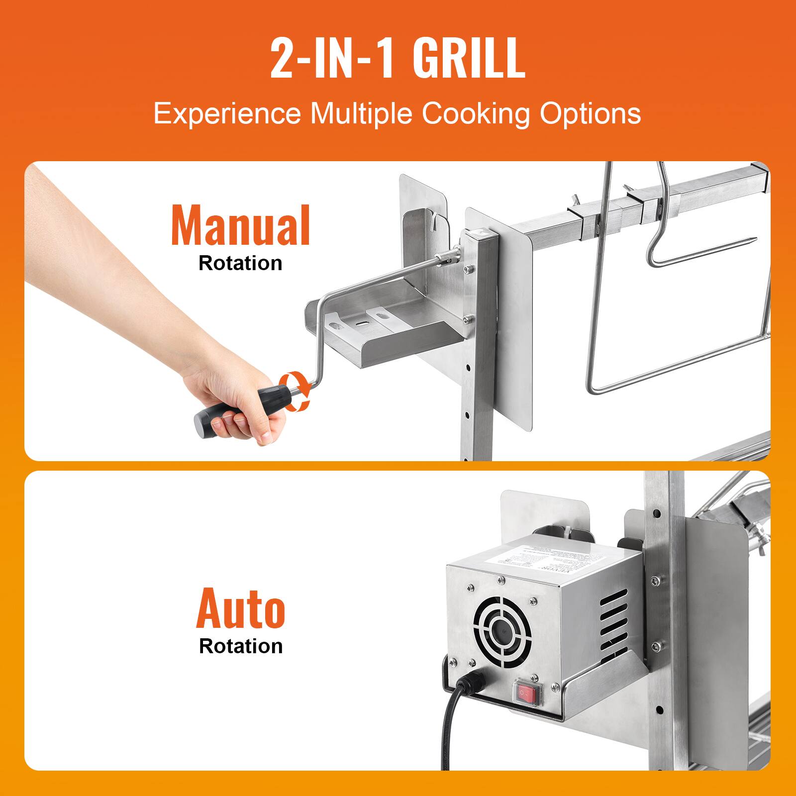 2-IN-1 GRILL
Experience Multiple Cooking Options
Manual Rotation
Auto Rotation