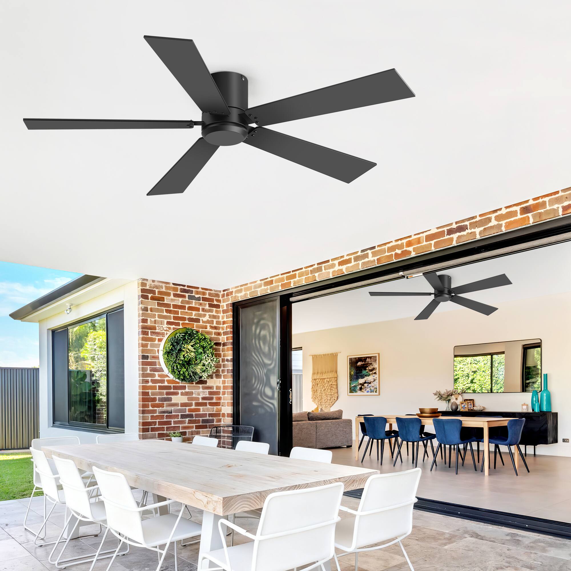 Left. Breezary - 42-Inch Flush Mount Ceiling Fan 2-Pack, Reversible Dual-Color Plywood Blades, Remote Control, DC Motor, No Light - Black (Two Pack).
